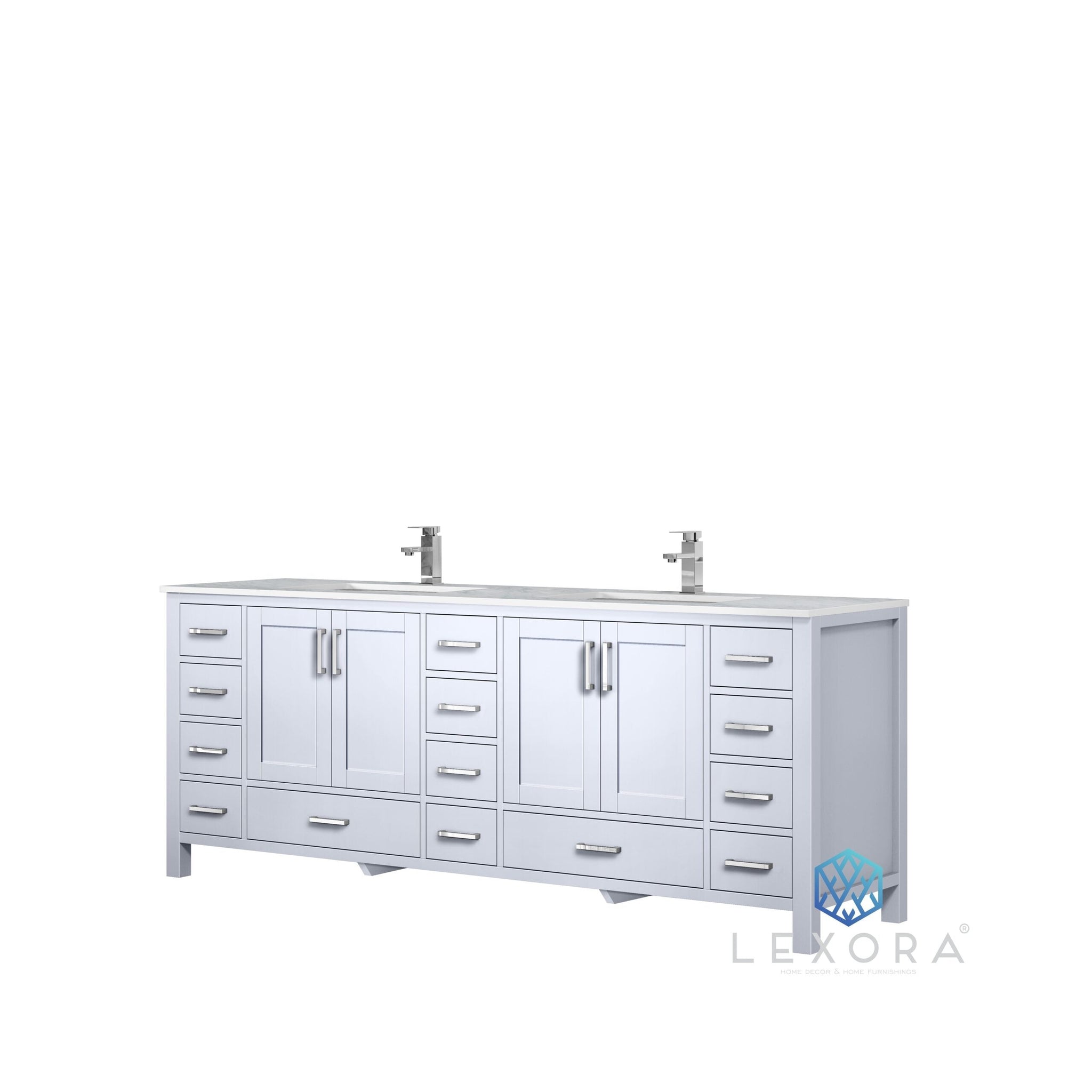 Jacques 84" White Double Vanity, White Carrara Marble Top, White Square Sinks and 34" Mirrors w/ Faucets