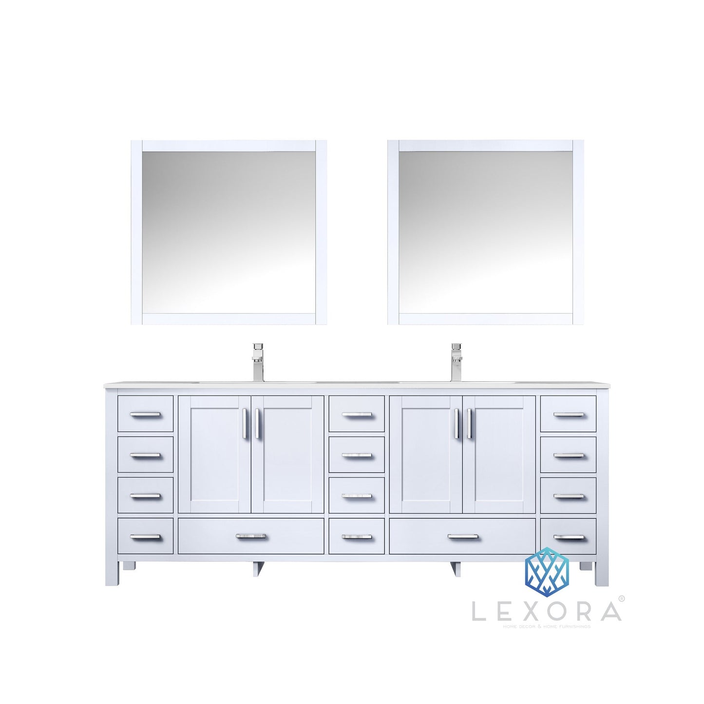 Jacques 84" White Double Vanity, White Carrara Marble Top, White Square Sinks and 34" Mirrors