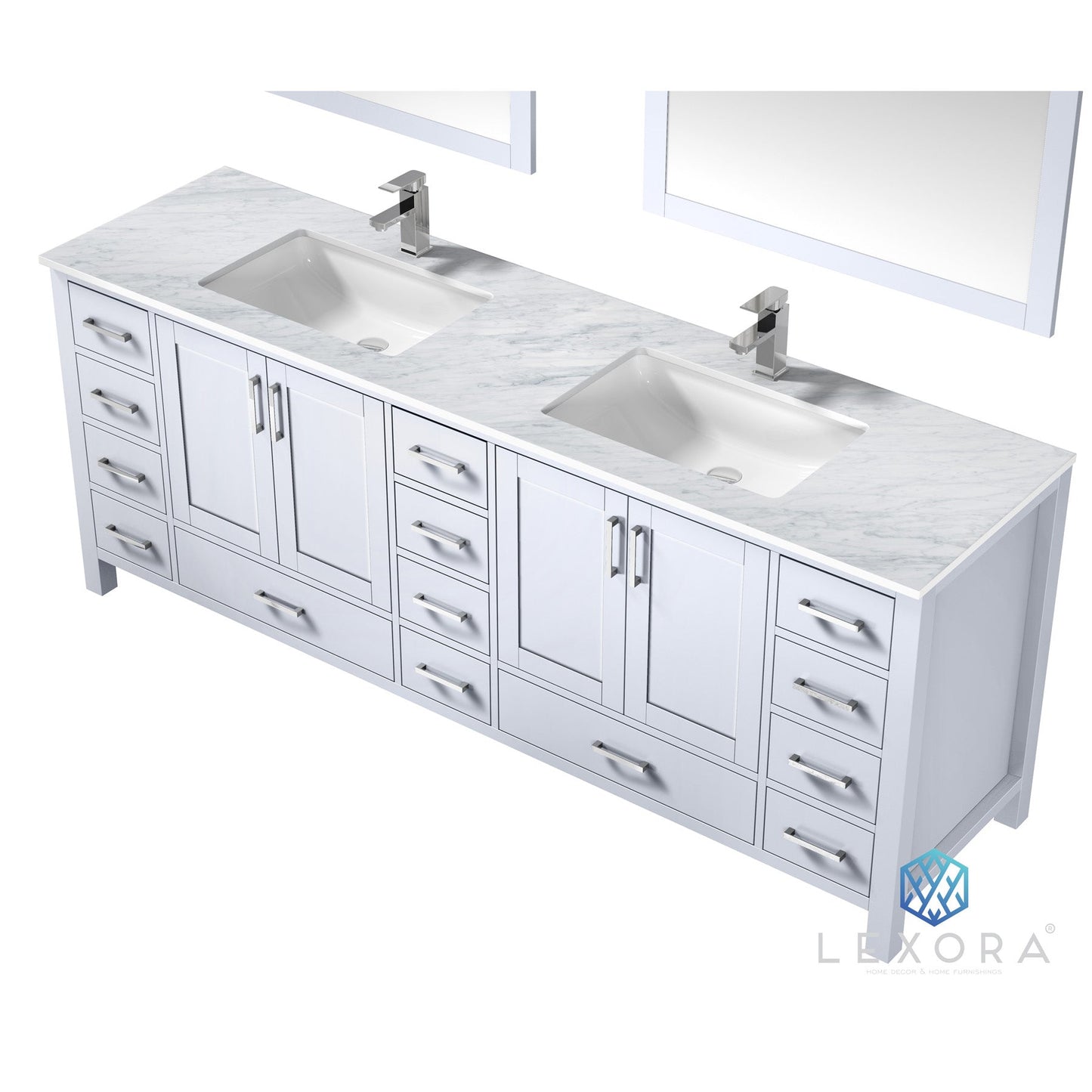 Jacques 84" White Double Vanity, White Carrara Marble Top, White Square Sinks and 34" Mirrors