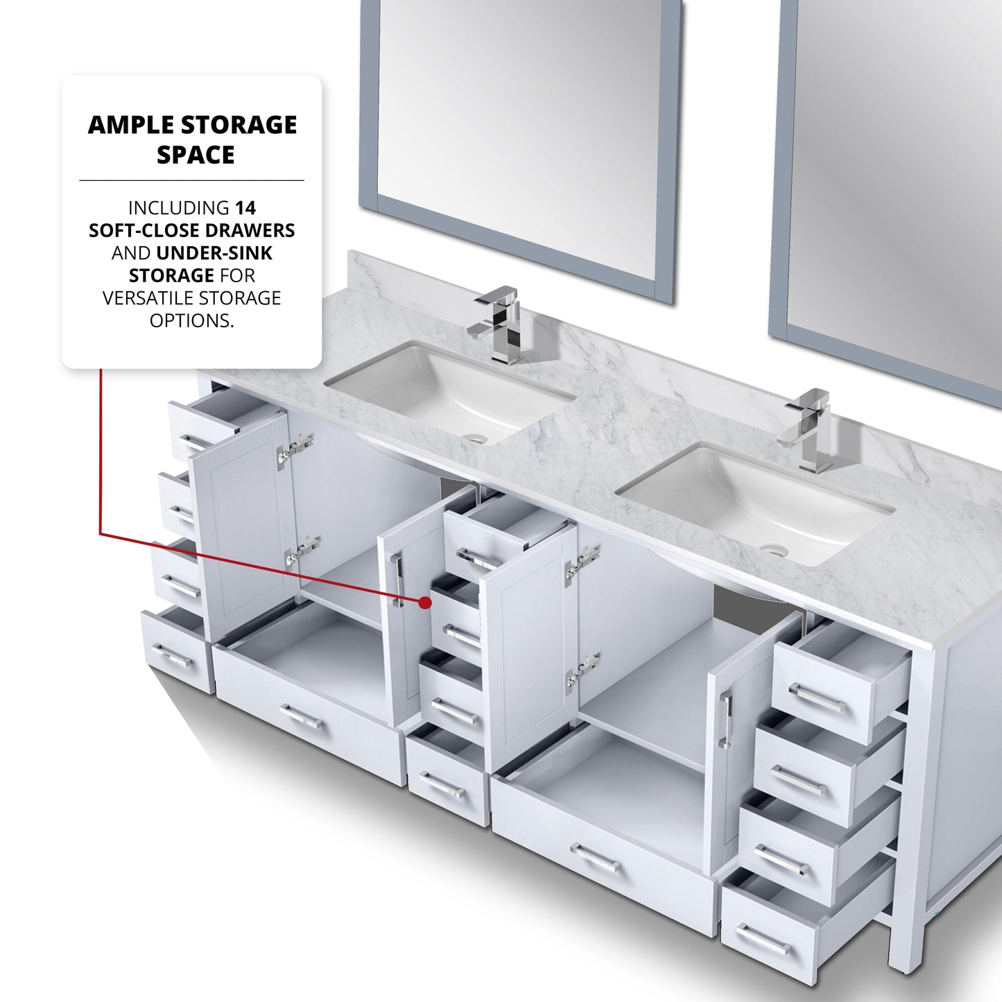 Jacques 84 in. Bathroom Freestanding Bathroom Vanity With Undermount Ceramic Sink, White Carrara Marble