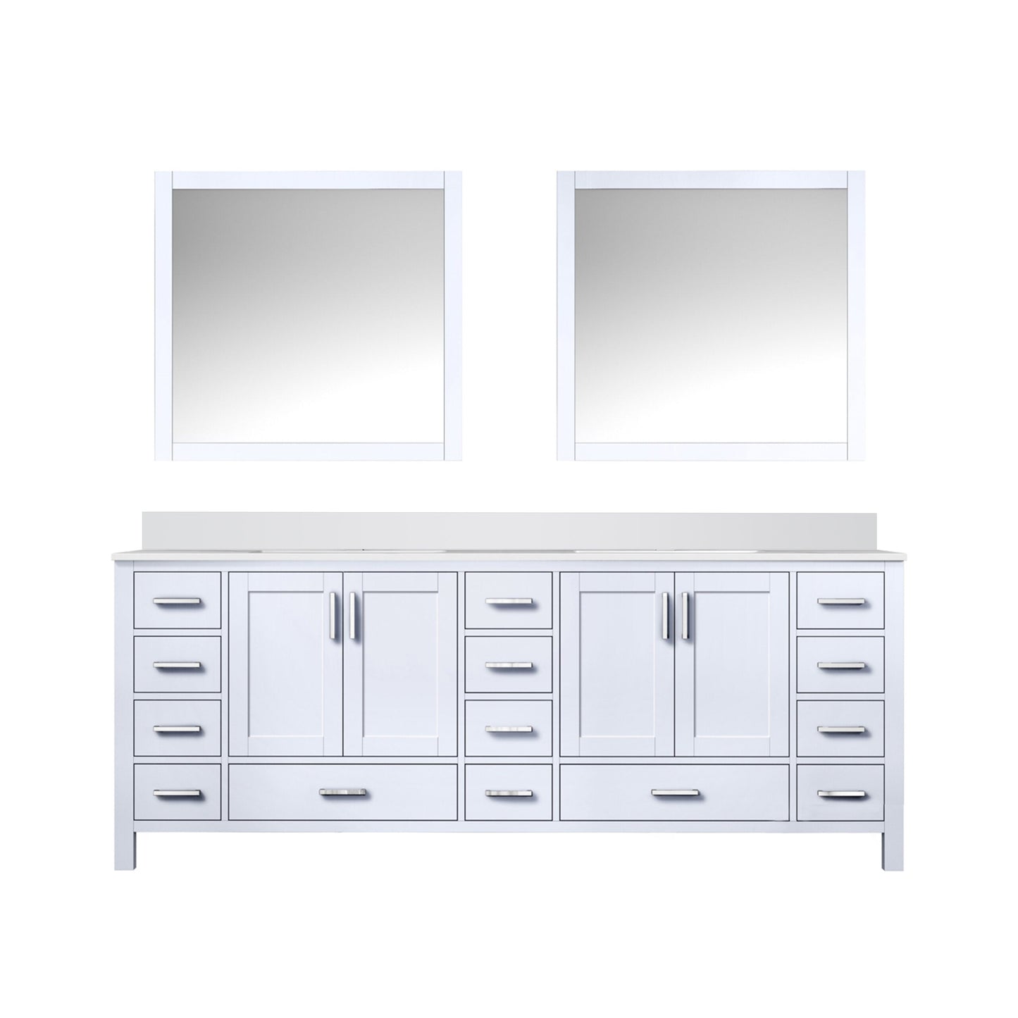 Jacques 84" White Double Vanity, White Quartz Top, White Square Sinks and 34" Mirrors