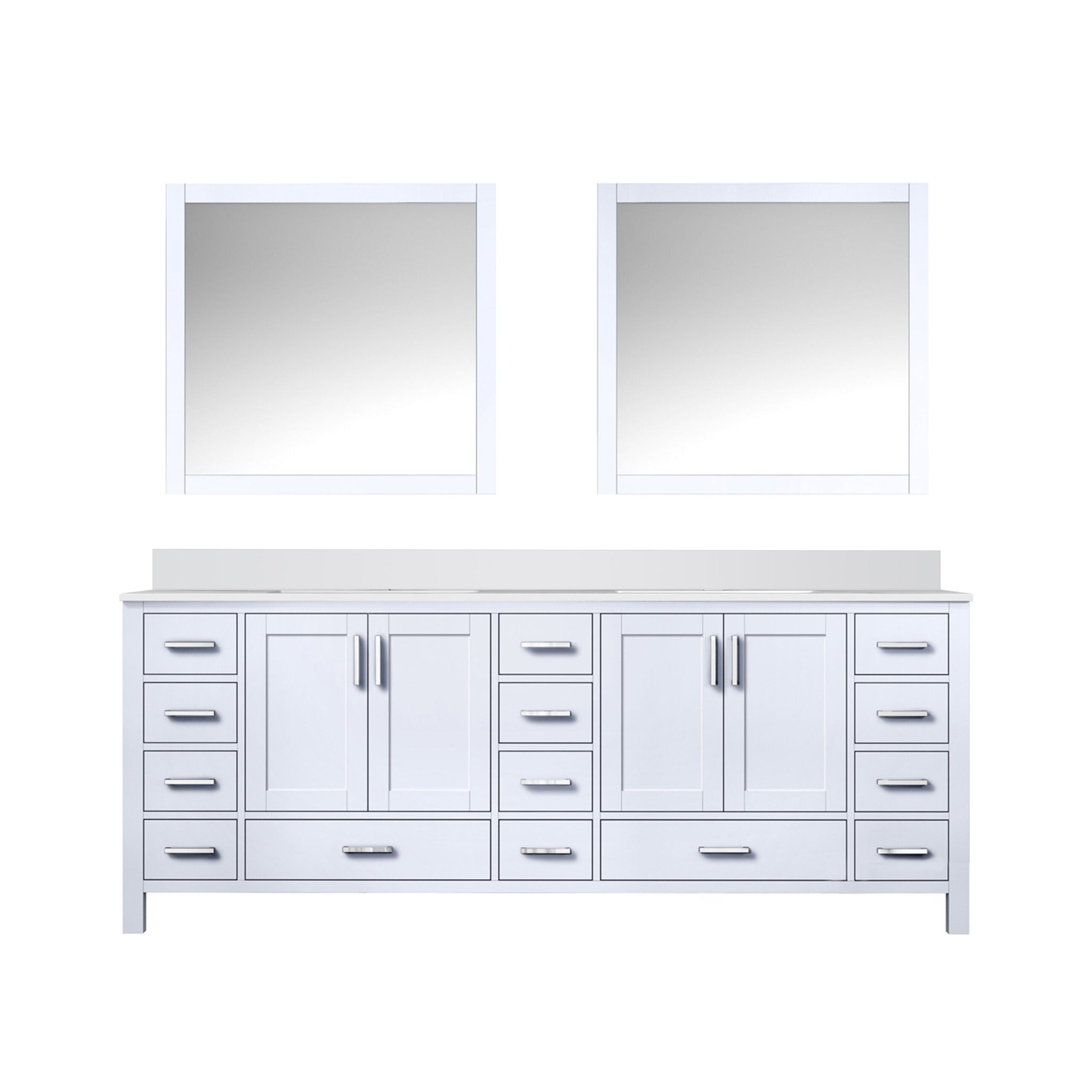 Jacques 84" White Double Vanity, White Quartz Top, White Square Sinks and 34" Mirrors