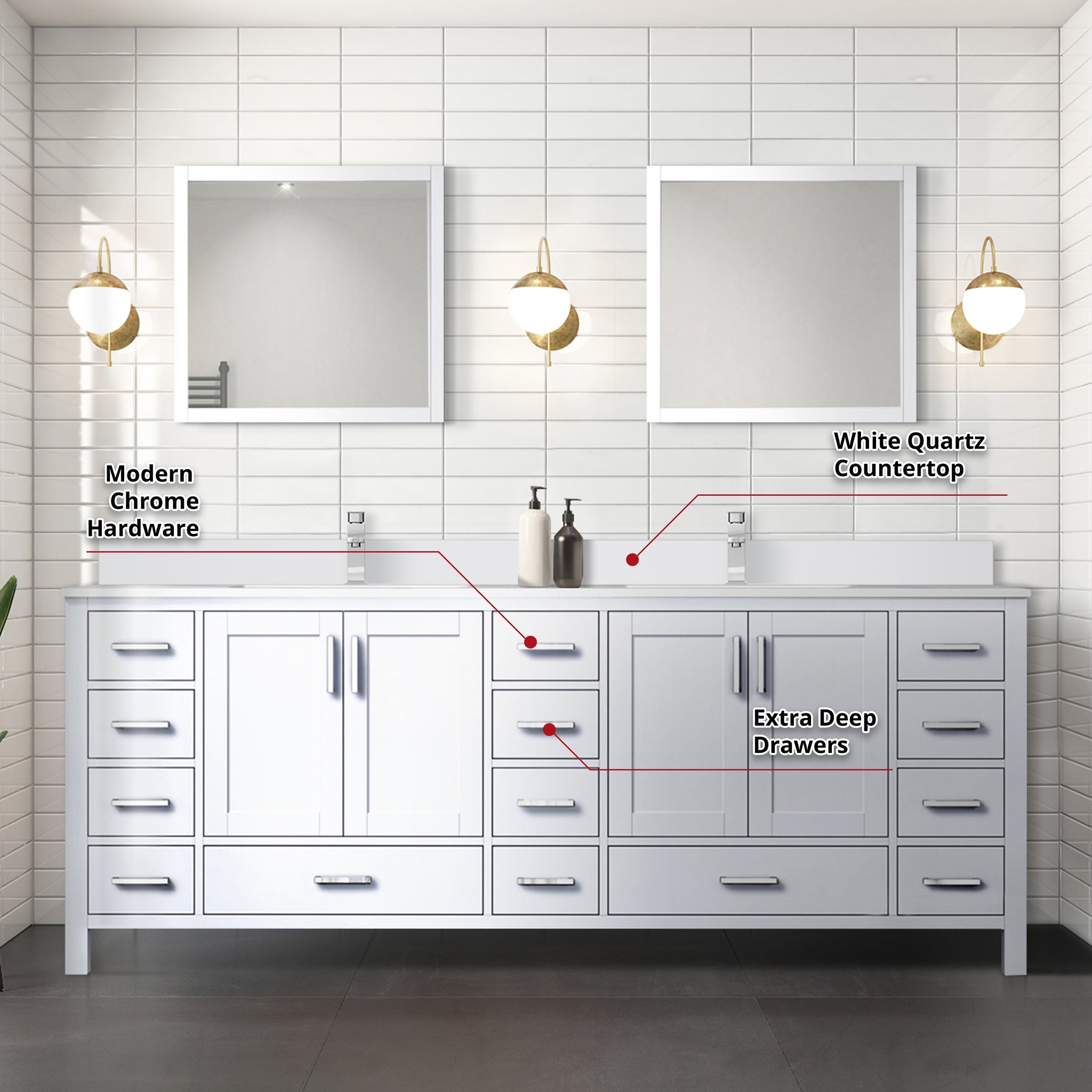 Jacques 84" White Double Vanity, White Quartz Top, White Square Sinks and 34" Mirrors