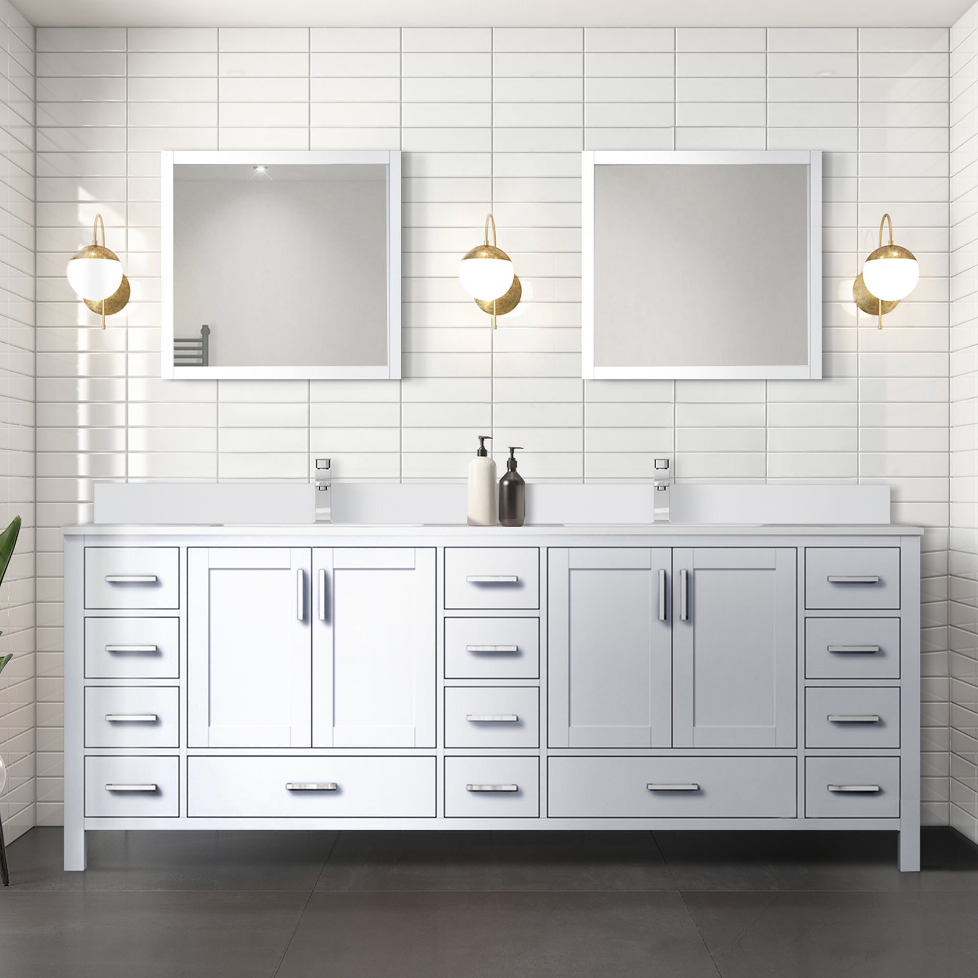 Jacques 84" White Double Vanity, White Quartz Top, White Square Sinks and 34" Mirrors w/ Faucets