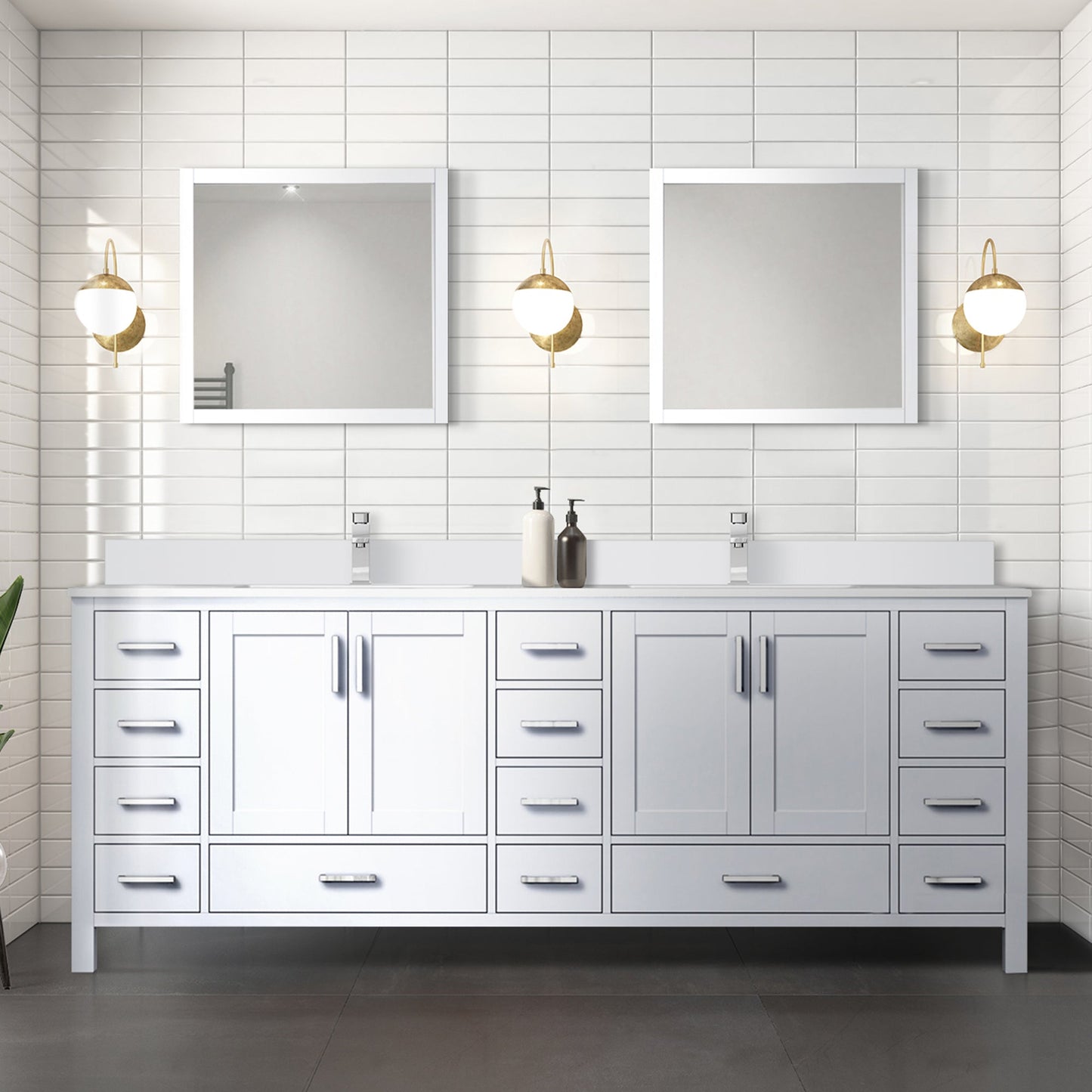 Jacques 84" White Double Vanity, White Quartz Top, White Square Sinks and 34" Mirrors