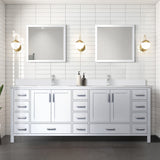 Jacques 84" White Double Vanity, White Quartz Top, White Square Sinks and 34" Mirrors