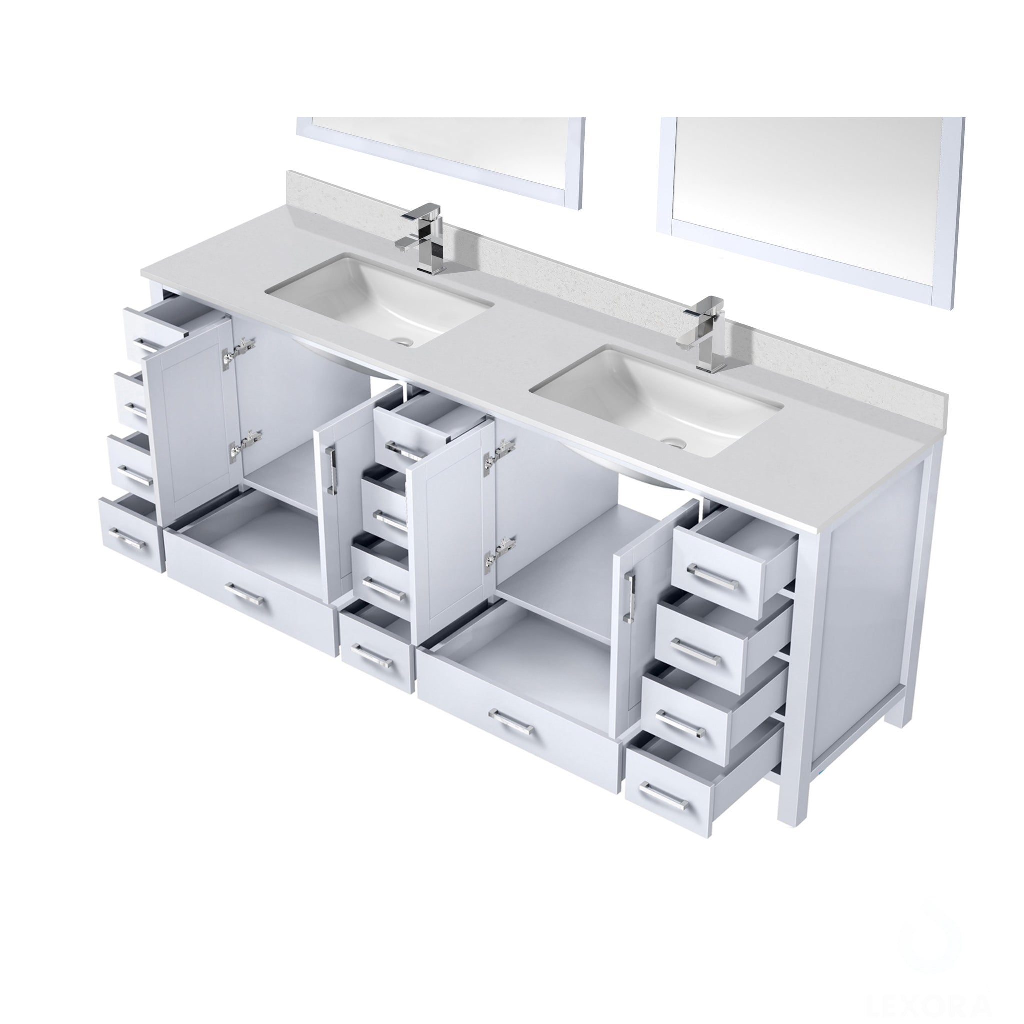 Jacques 84" White Double Vanity, White Quartz Top, White Square Sinks and 34" Mirrors w/ Faucets