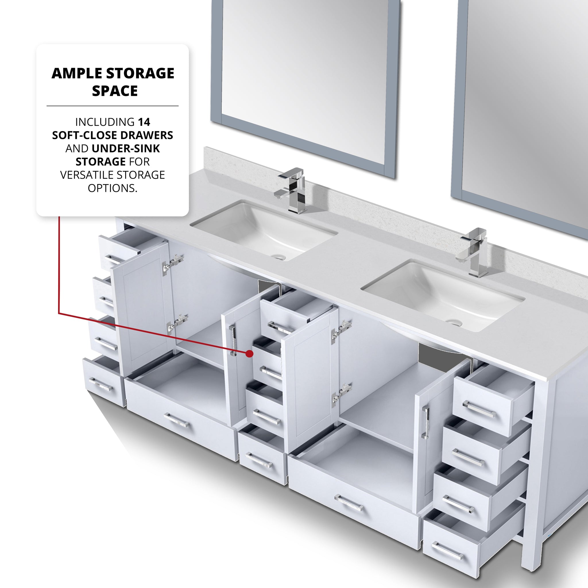 Jacques 84" White Double Vanity, White Quartz Top, White Square Sinks and 34" Mirrors