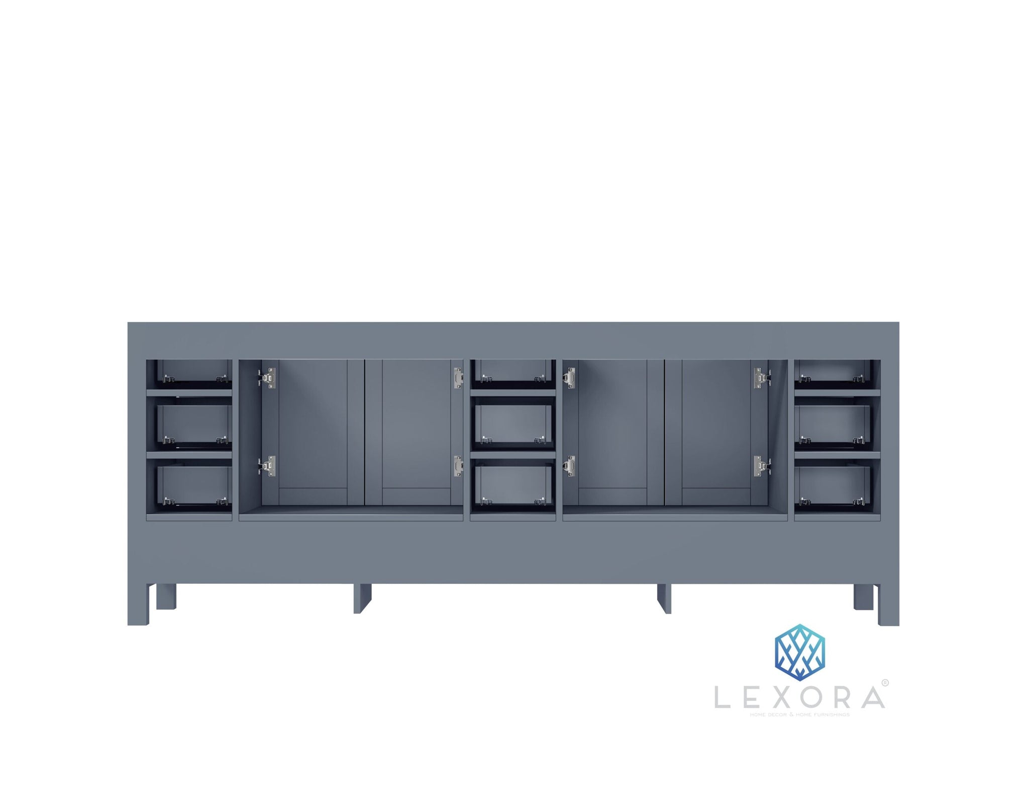 Jacques 84" Dark Grey Double Vanity, White Carrara Marble Top, White Square Sinks and 34" Mirrors w/ Faucets