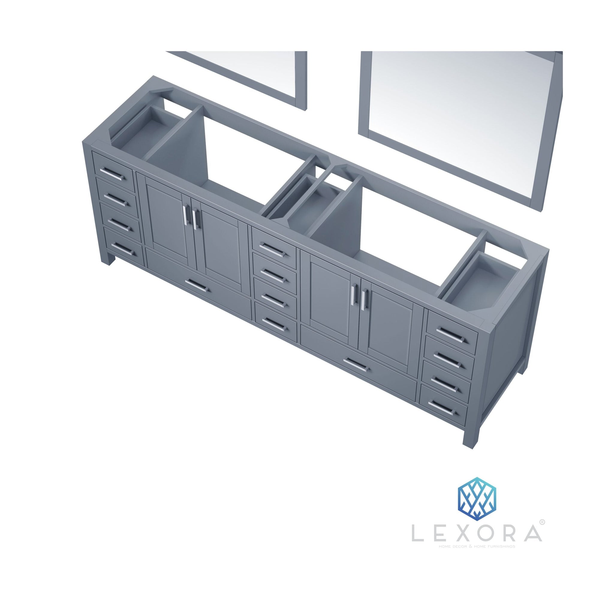 Jacques 84" Dark Grey Double Vanity, White Carrara Marble Top, White Square Sinks and 34" Mirrors w/ Faucets