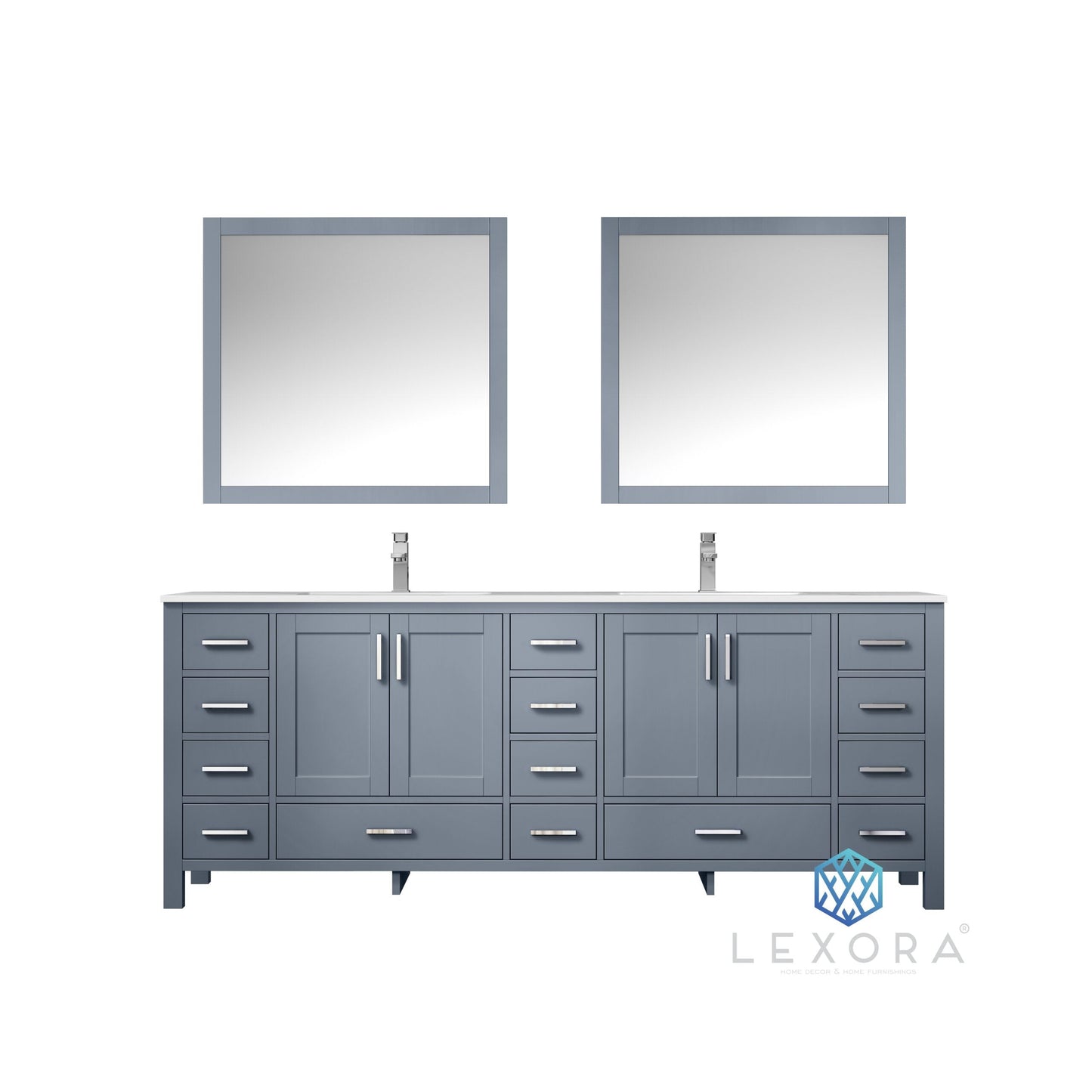 Jacques 84" Dark Grey Double Vanity, White Carrara Marble Top, White Square Sinks and 34" Mirrors w/ Faucets