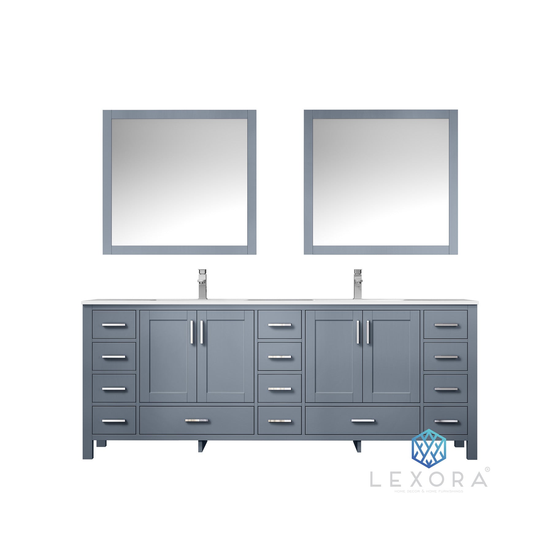 Jacques 84" Dark Grey Double Vanity, White Carrara Marble Top, White Square Sinks and 34" Mirrors