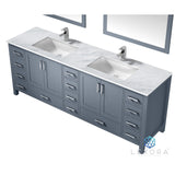 Jacques 84" Dark Grey Double Vanity, White Carrara Marble Top, White Square Sinks and 34" Mirrors