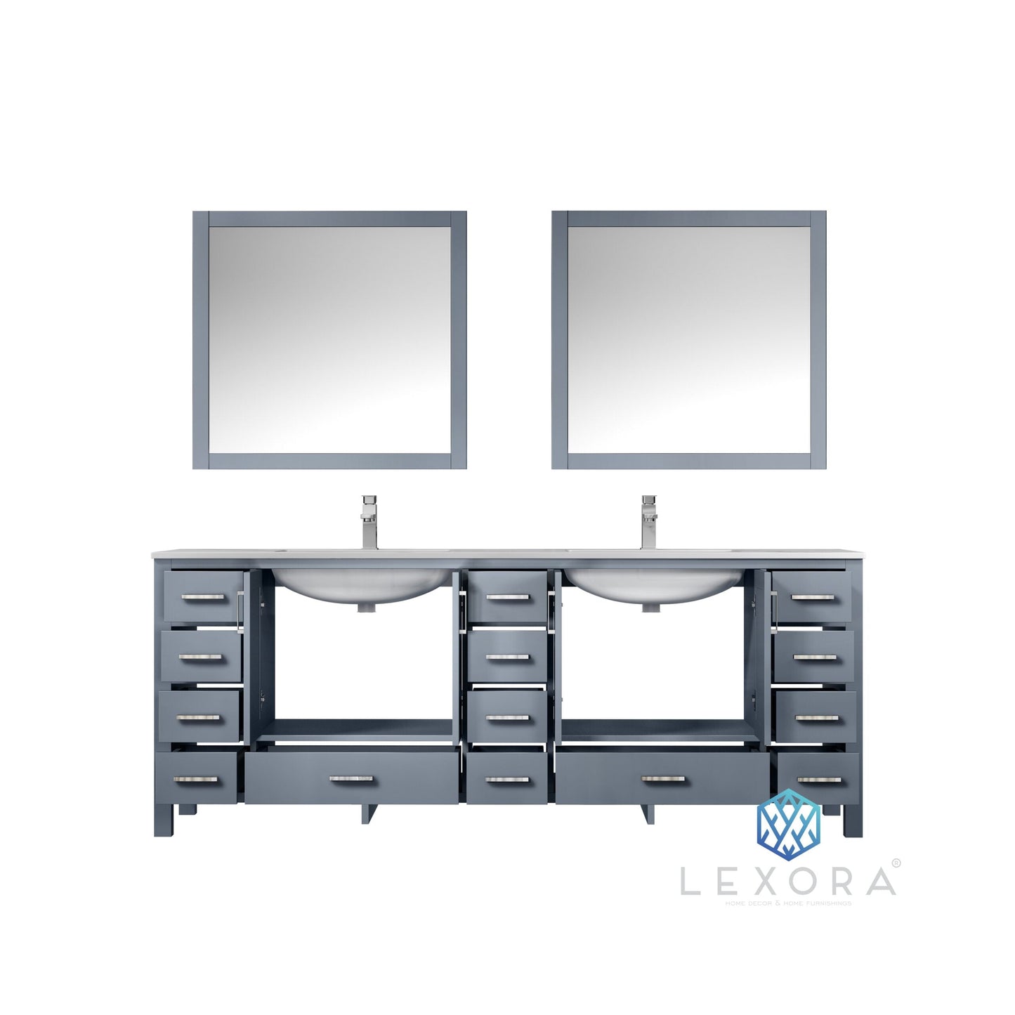 Jacques 84" Dark Grey Double Vanity, White Carrara Marble Top, White Square Sinks and 34" Mirrors w/ Faucets