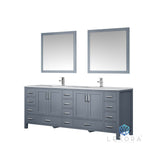 Jacques 84" Dark Grey Double Vanity, White Carrara Marble Top, White Square Sinks and 34" Mirrors