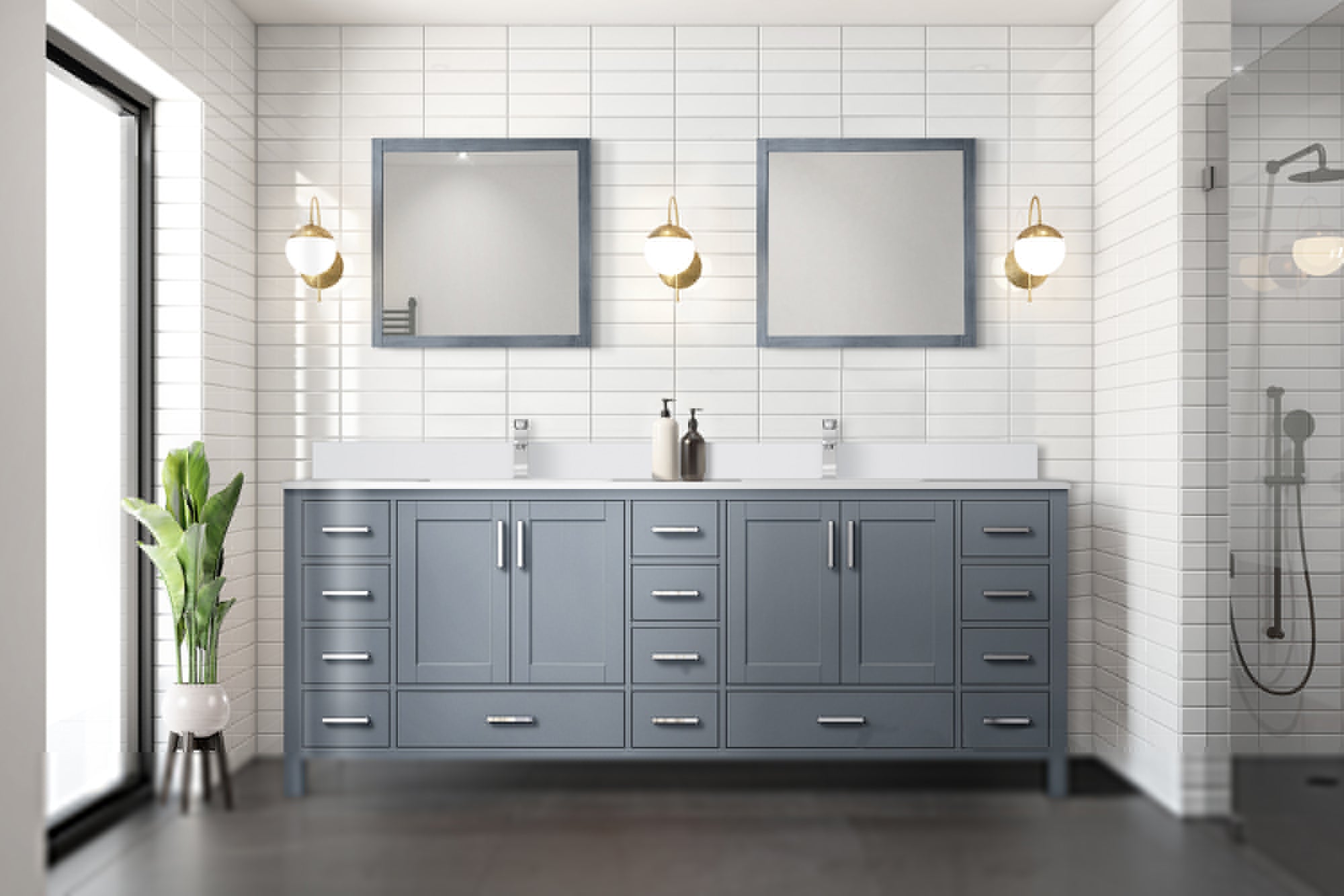 Jacques 84" Dark Grey Double Vanity, White Quartz Top, White Square Sinks and 34" Mirrors
