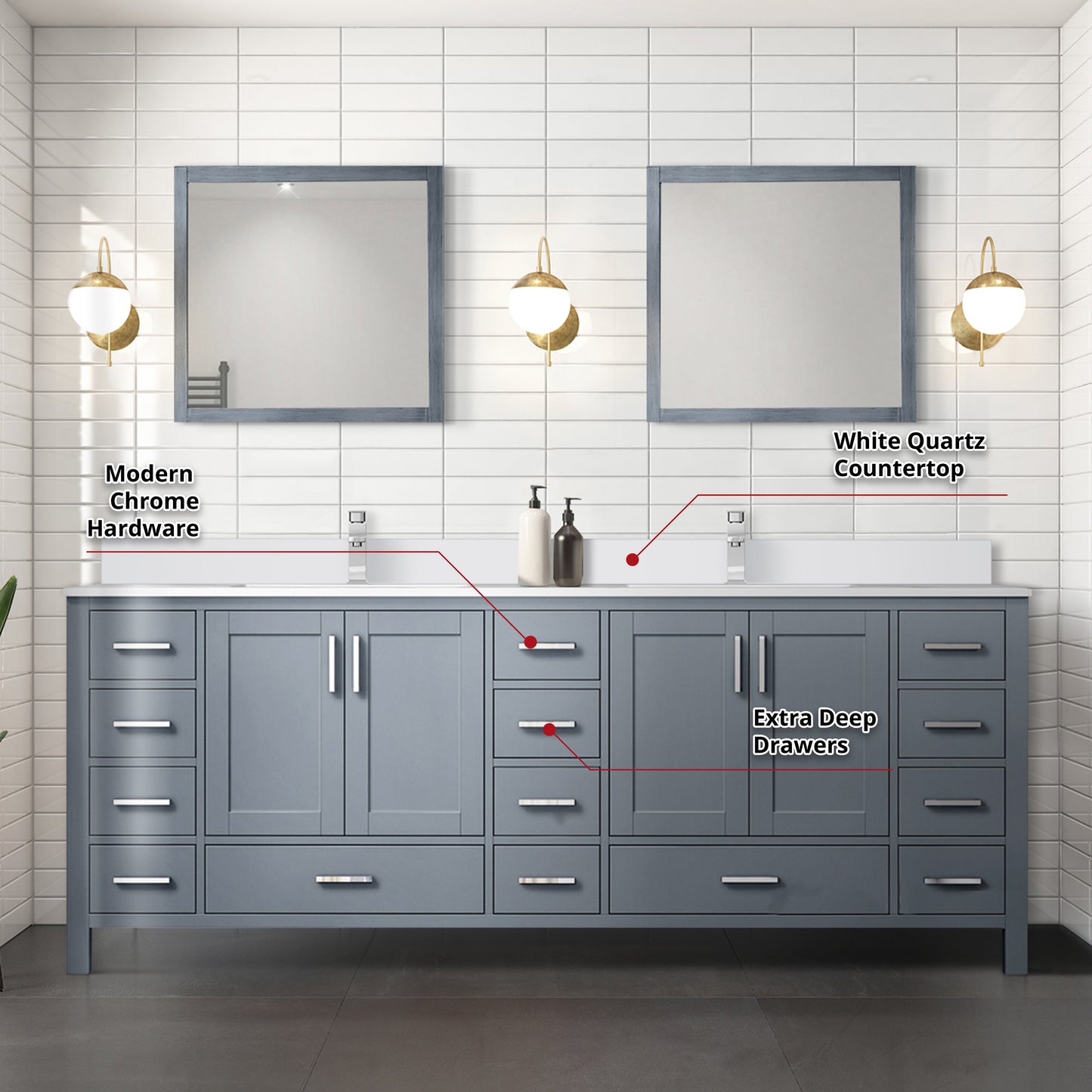 Jacques 84 in. Freestanding Bathroom Vanity with White Quartz Top, White Square Sink