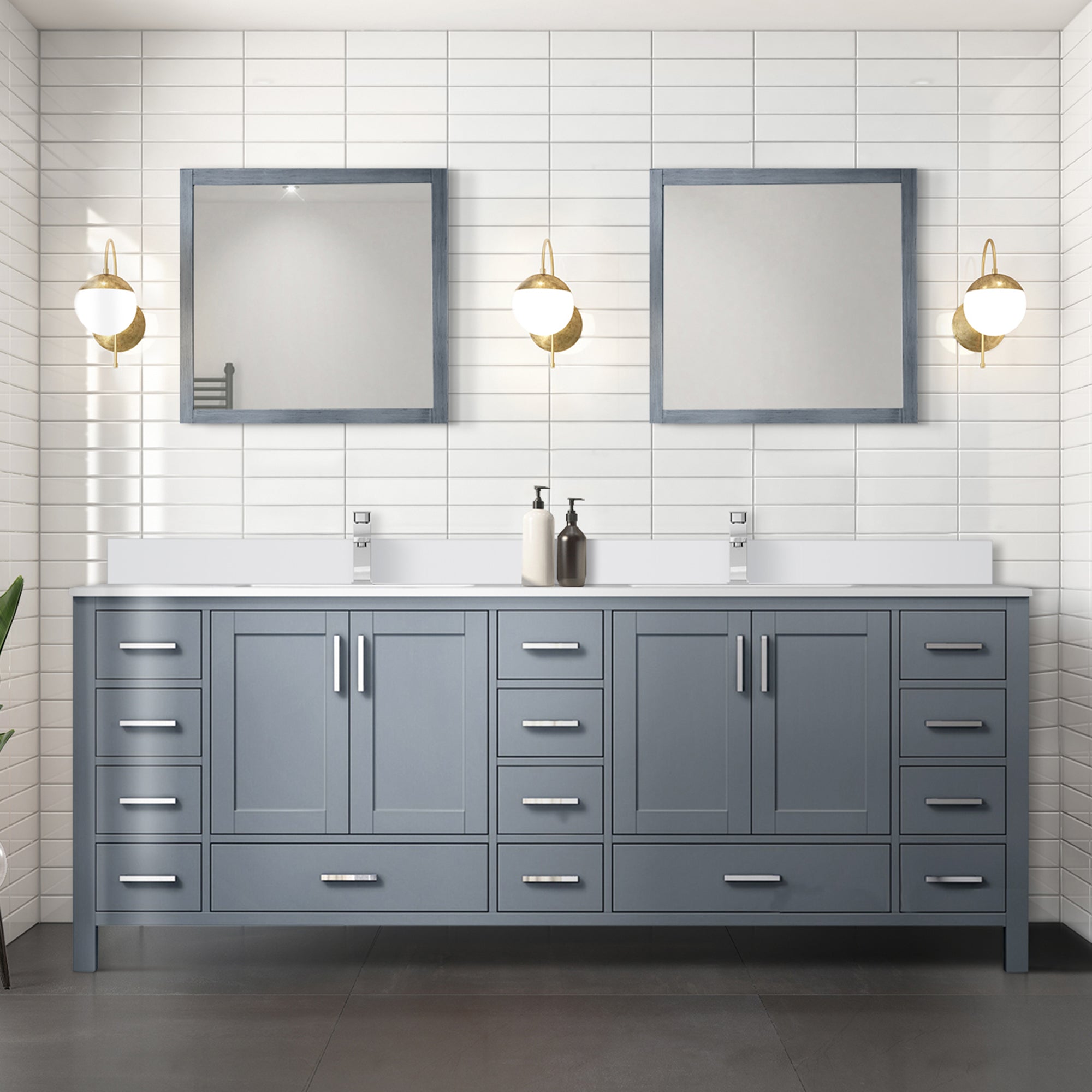 Jacques 84" Dark Grey Double Vanity, White Quartz Top, White Square Sinks and 34" Mirrors w/ Faucets