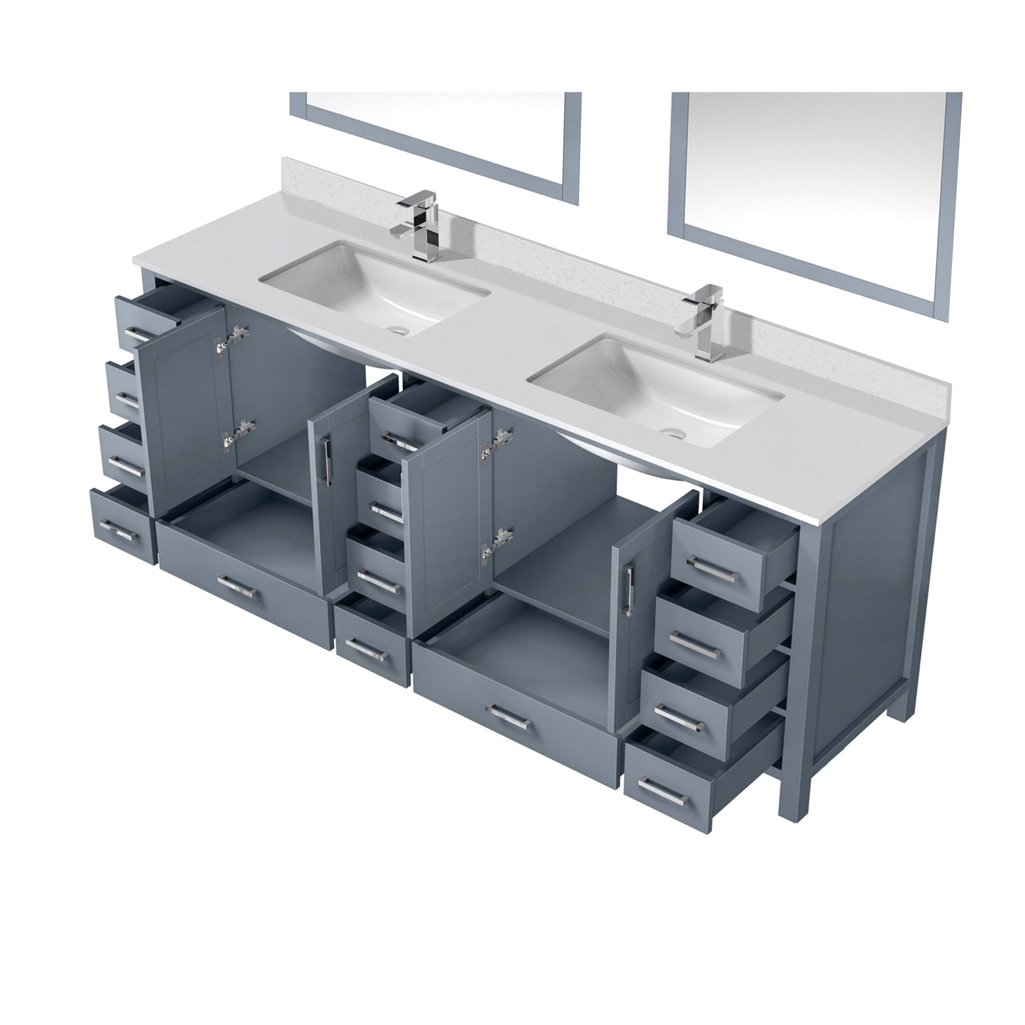 Jacques 84" Dark Grey Double Vanity, White Quartz Top, White Square Sinks and 34" Mirrors w/ Faucets