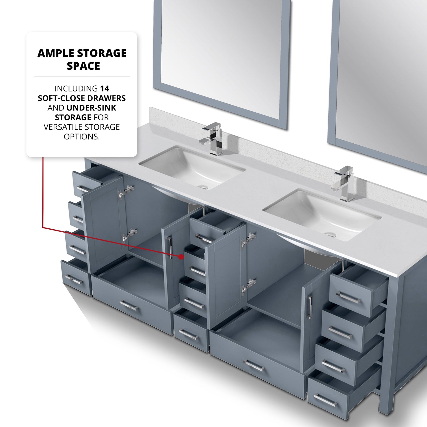 Jacques 84" Dark Grey Double Vanity, White Quartz Top, White Square Sinks and 34" Mirrors w/ Faucets