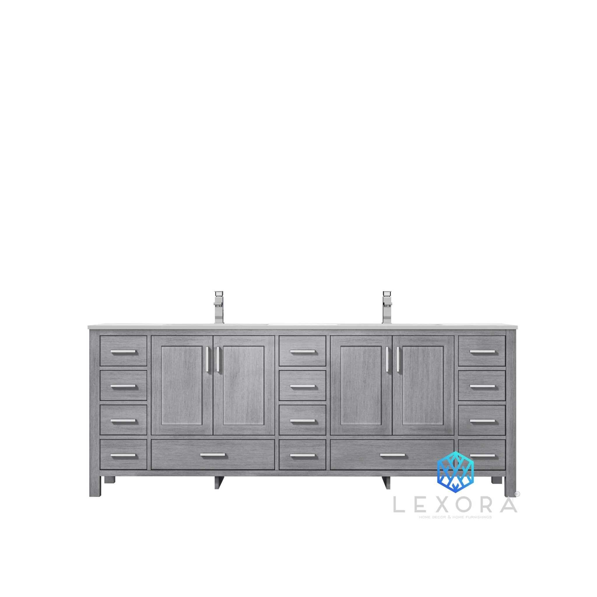 Jacques 84" Distressed Grey Double Vanity, White Carrara Marble Top, White Square Sinks and 34" Mirrors w/ Faucets
