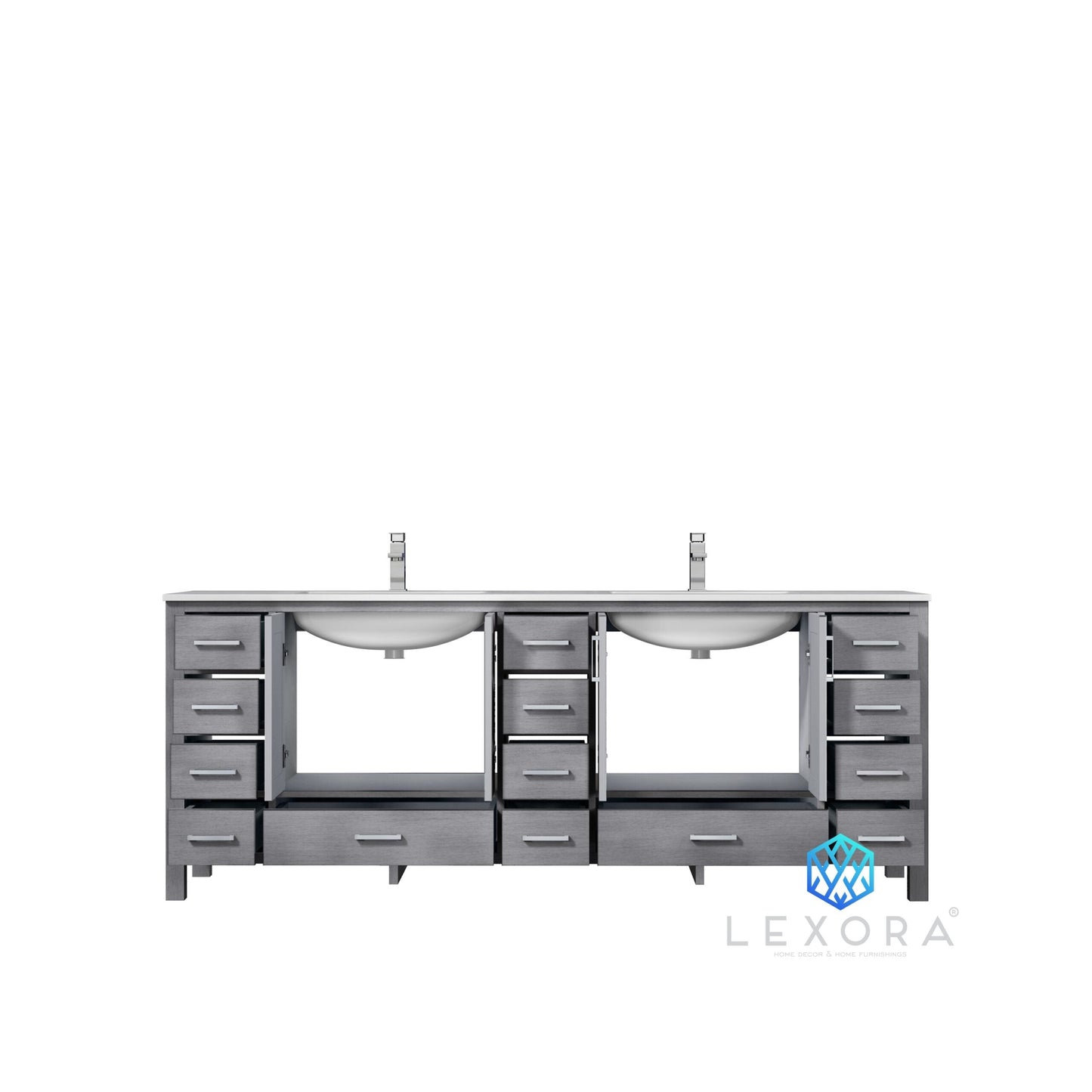 Jacques 84" Distressed Grey Double Vanity, White Carrara Marble Top, White Square Sinks and 34" Mirrors w/ Faucets