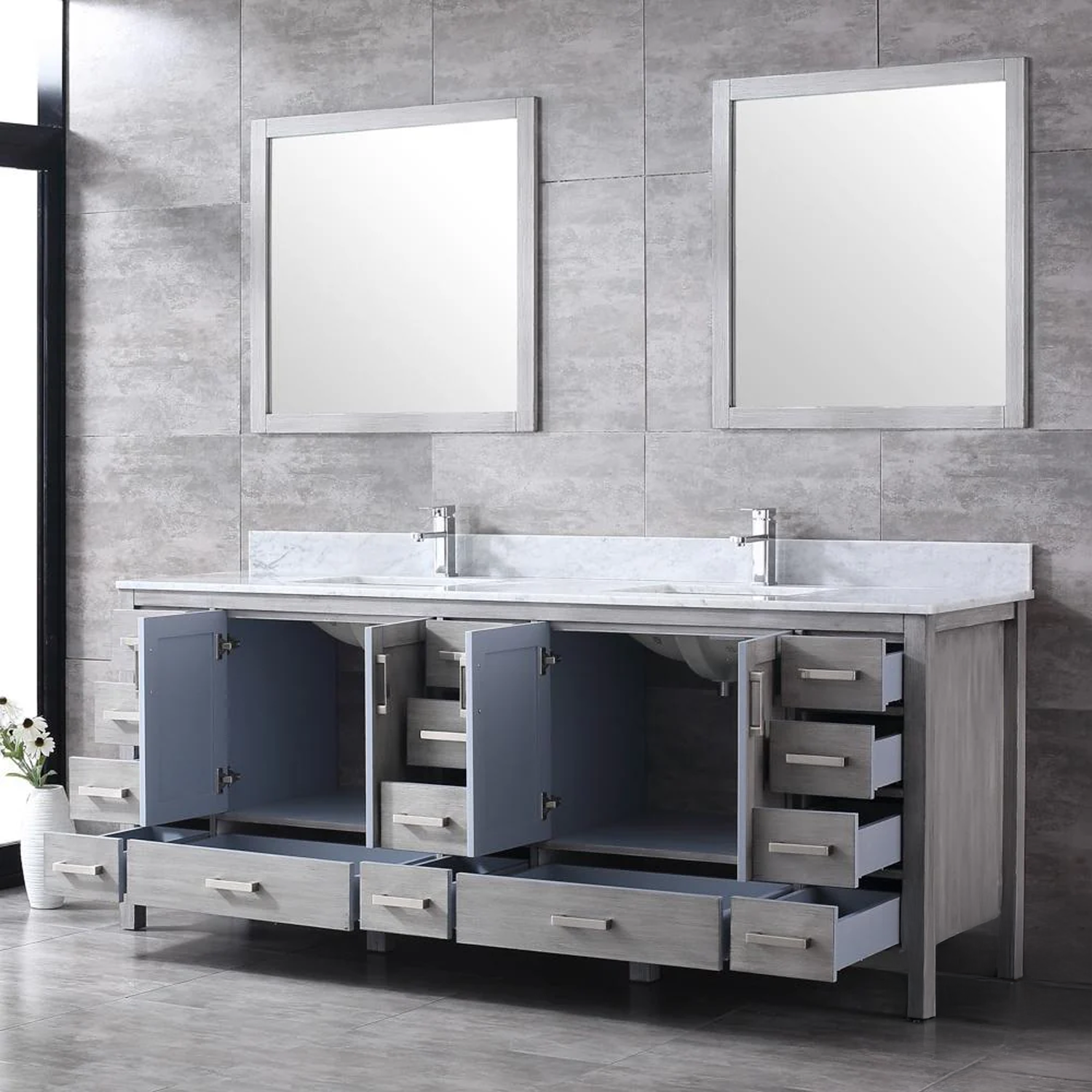 Jacques 84 in. Bathroom Freestanding Bathroom Vanity With Undermount Ceramic Sink, White Carrara Marble