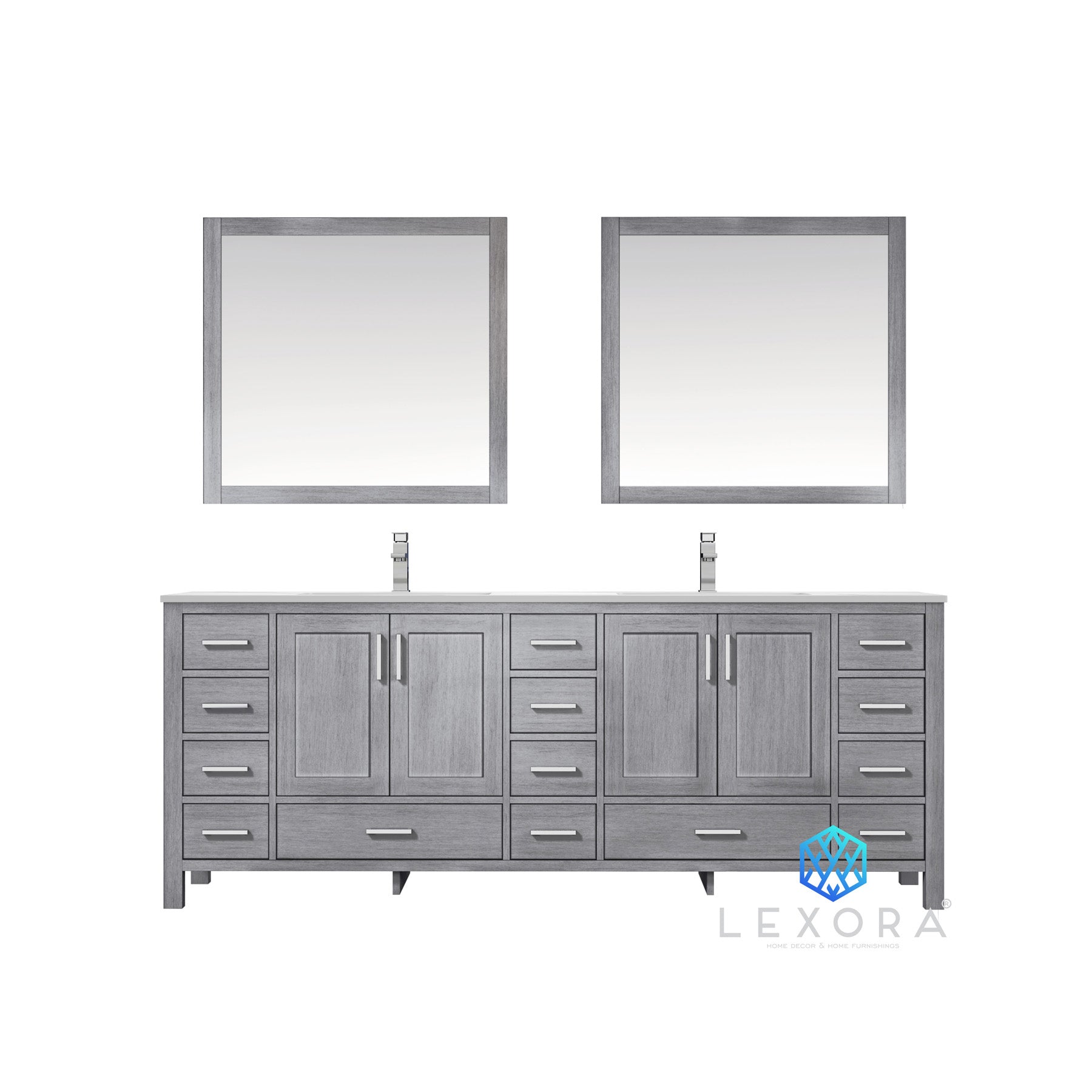 Jacques 84" Distressed Grey Double Vanity, White Carrara Marble Top, White Square Sinks and 34" Mirrors