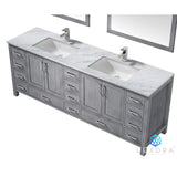 Jacques 84" Distressed Grey Double Vanity, White Carrara Marble Top, White Square Sinks and 34" Mirrors