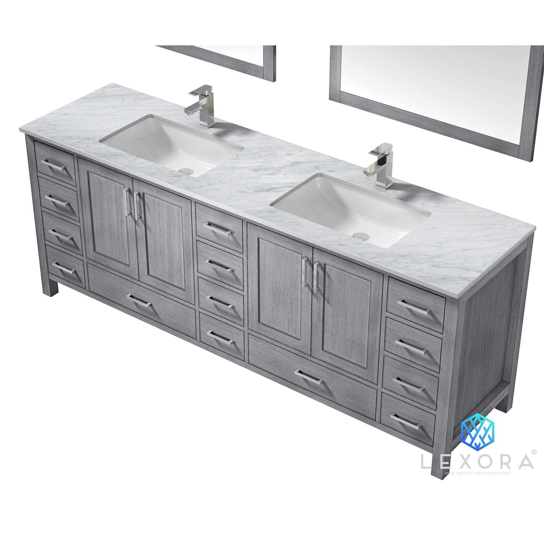Jacques 84" Distressed Grey Double Vanity, White Carrara Marble Top, White Square Sinks and 34" Mirrors