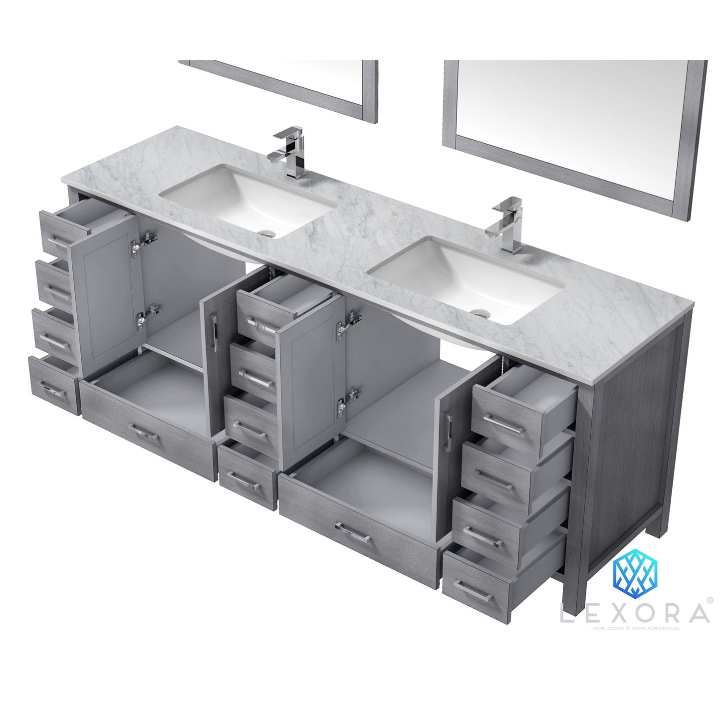 Jacques 84" Distressed Grey Double Vanity, White Carrara Marble Top, White Square Sinks and 34" Mirrors