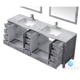 Jacques 84" Distressed Grey Double Vanity, White Carrara Marble Top, White Square Sinks and 34" Mirrors