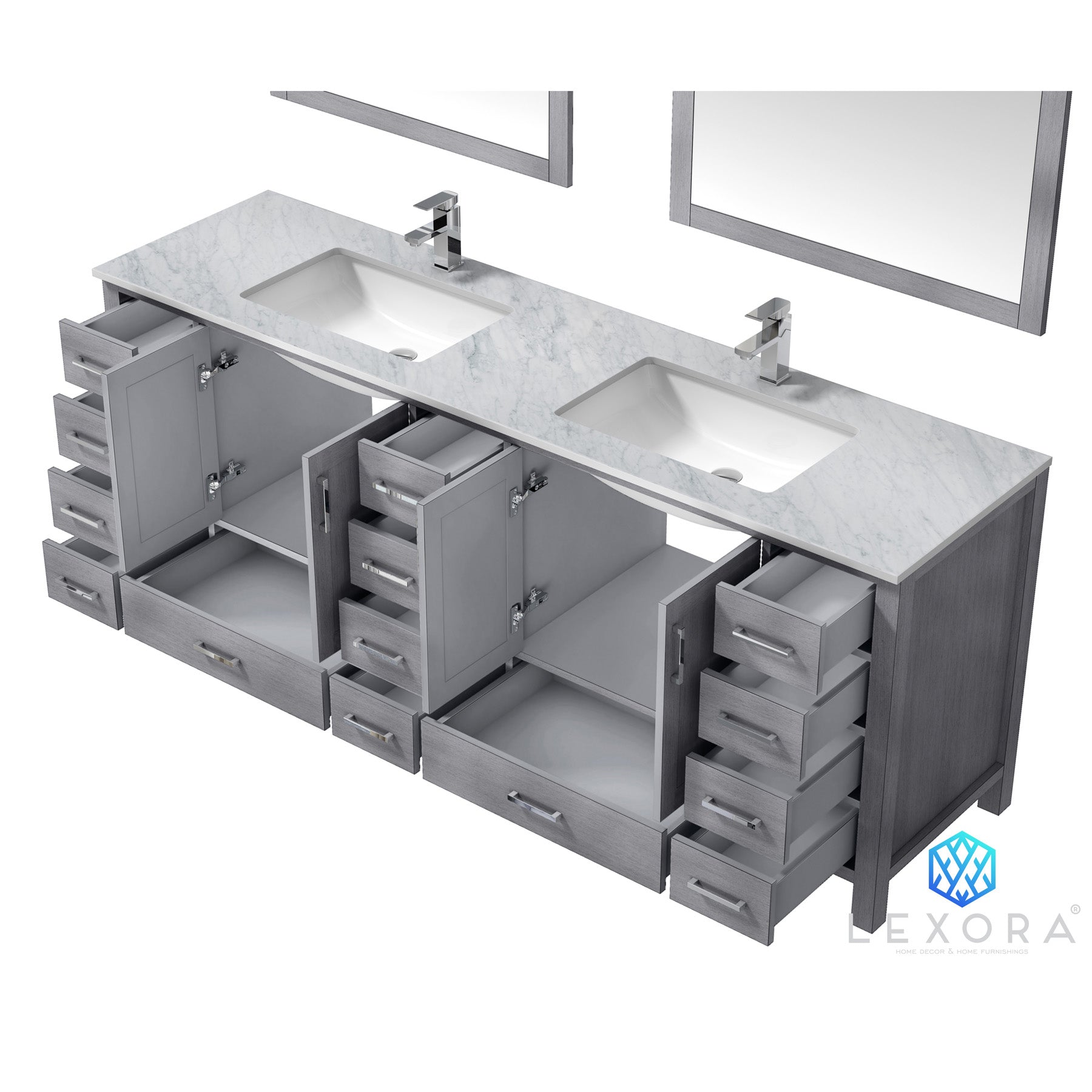 Jacques 84" Distressed Grey Double Vanity, White Carrara Marble Top, White Square Sinks and 34" Mirrors
