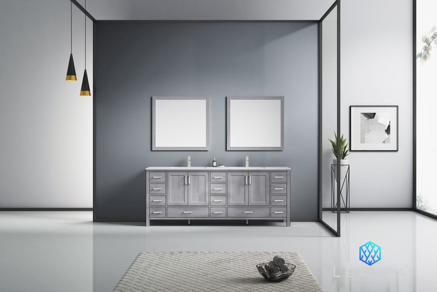 Jacques 84" Distressed Grey Double Vanity, White Carrara Marble Top, White Square Sinks and 34" Mirrors w/ Faucets