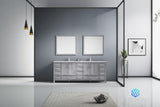 Jacques 84" Distressed Grey Double Vanity, White Carrara Marble Top, White Square Sinks and 34" Mirrors w/ Faucets