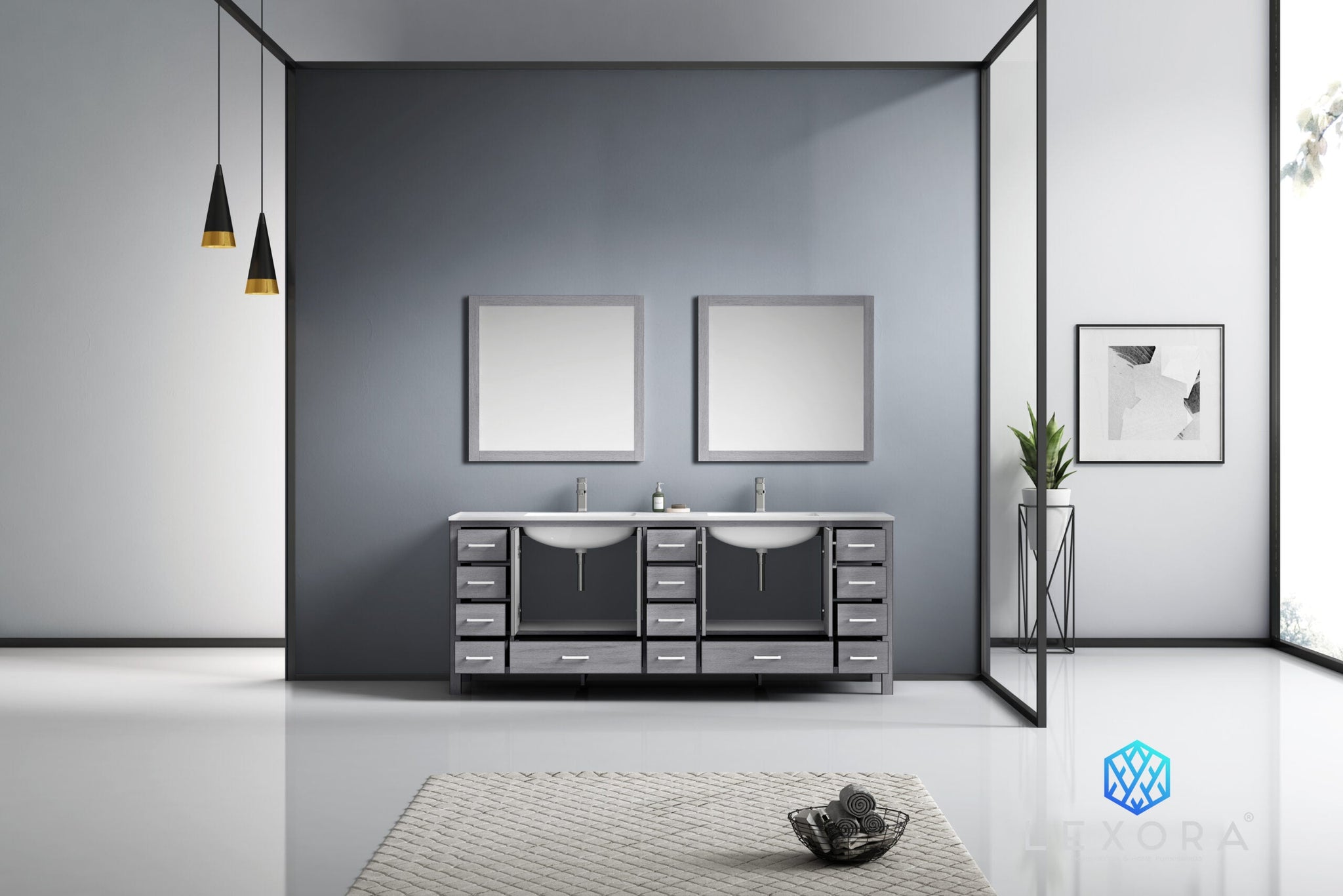 Jacques 84" Distressed Grey Double Vanity, White Carrara Marble Top, White Square Sinks and 34" Mirrors w/ Faucets