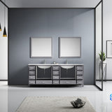 Jacques 84" Distressed Grey Double Vanity, White Carrara Marble Top, White Square Sinks and 34" Mirrors