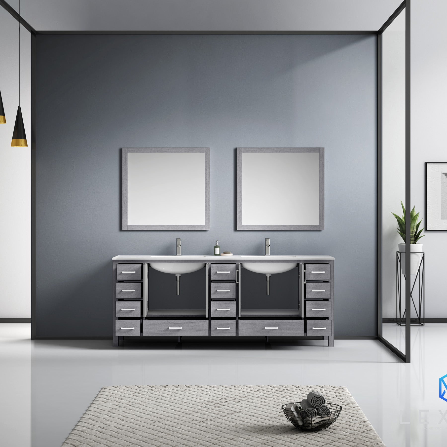 Jacques 84" Distressed Grey Double Vanity, White Carrara Marble Top, White Square Sinks and 34" Mirrors
