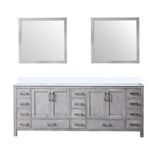 Jacques 84" Distressed Grey Double Vanity, White Quartz Top, White Square Sinks and 34" Mirrors