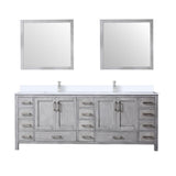 Jacques 84" Distressed Grey Double Vanity, White Quartz Top, White Square Sinks and 34" Mirrors w/ Faucets