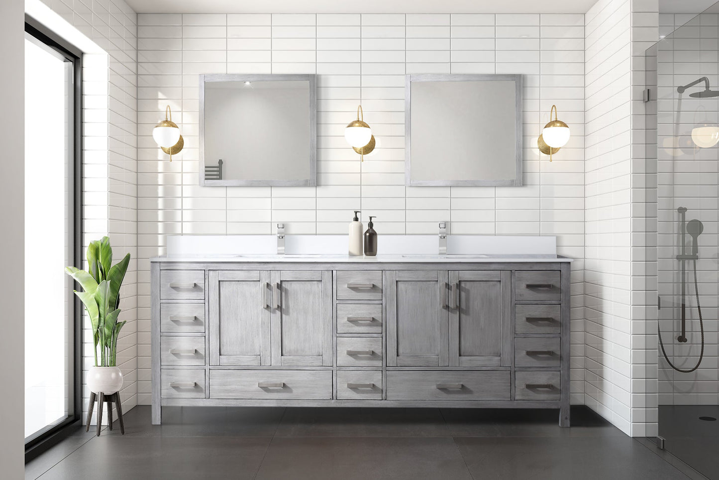 Jacques 84 in. Freestanding Bathroom Vanity with White Quartz Top, White Square Sink