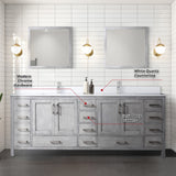 Jacques 84" Distressed Grey Double Vanity, White Quartz Top, White Square Sinks and 34" Mirrors