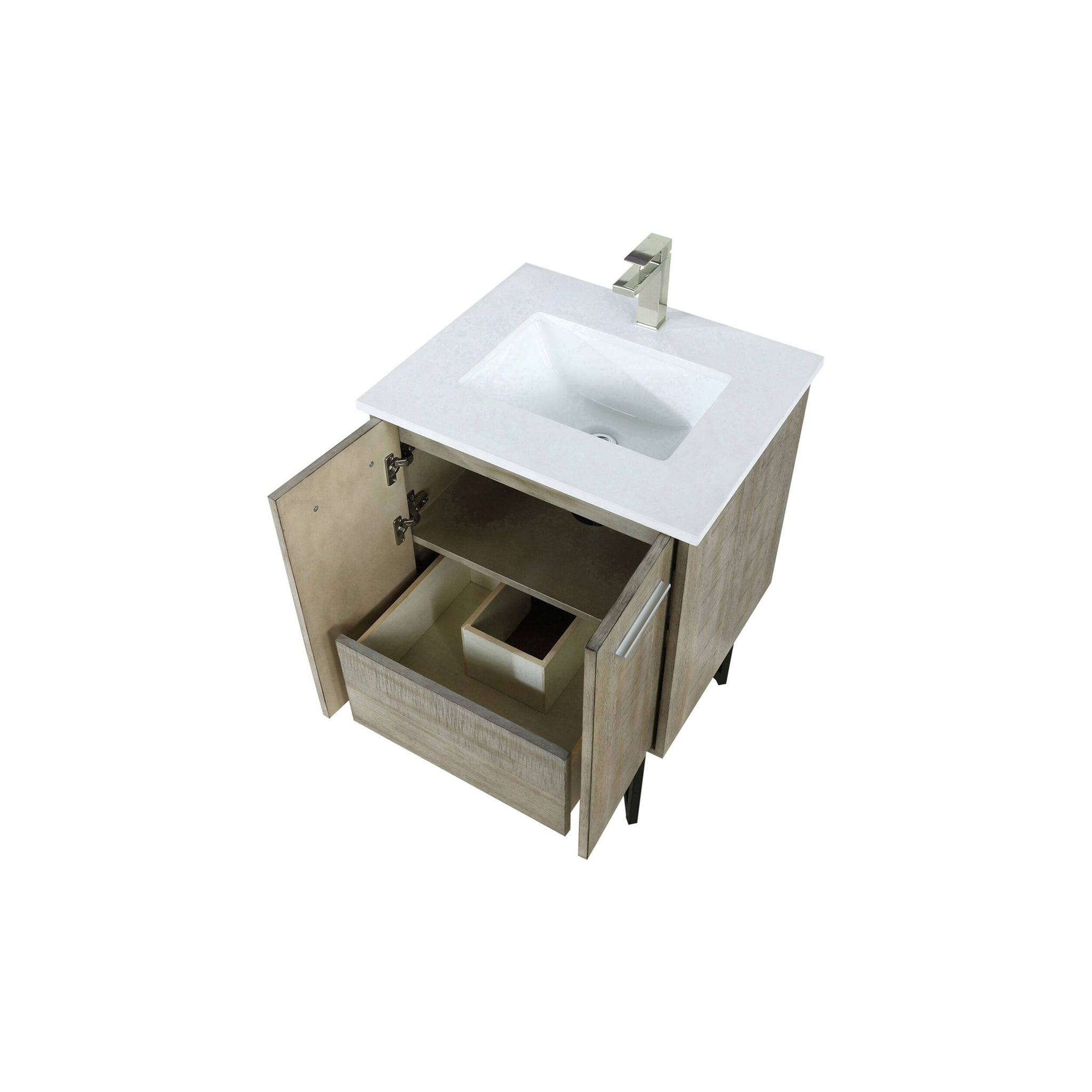Lancy 24 in. Rustic Acacia  Freestanding Bathroom Vanity with White Quartz Top, White Square Sink, and Labaro Brushed Nickel Faucet Set