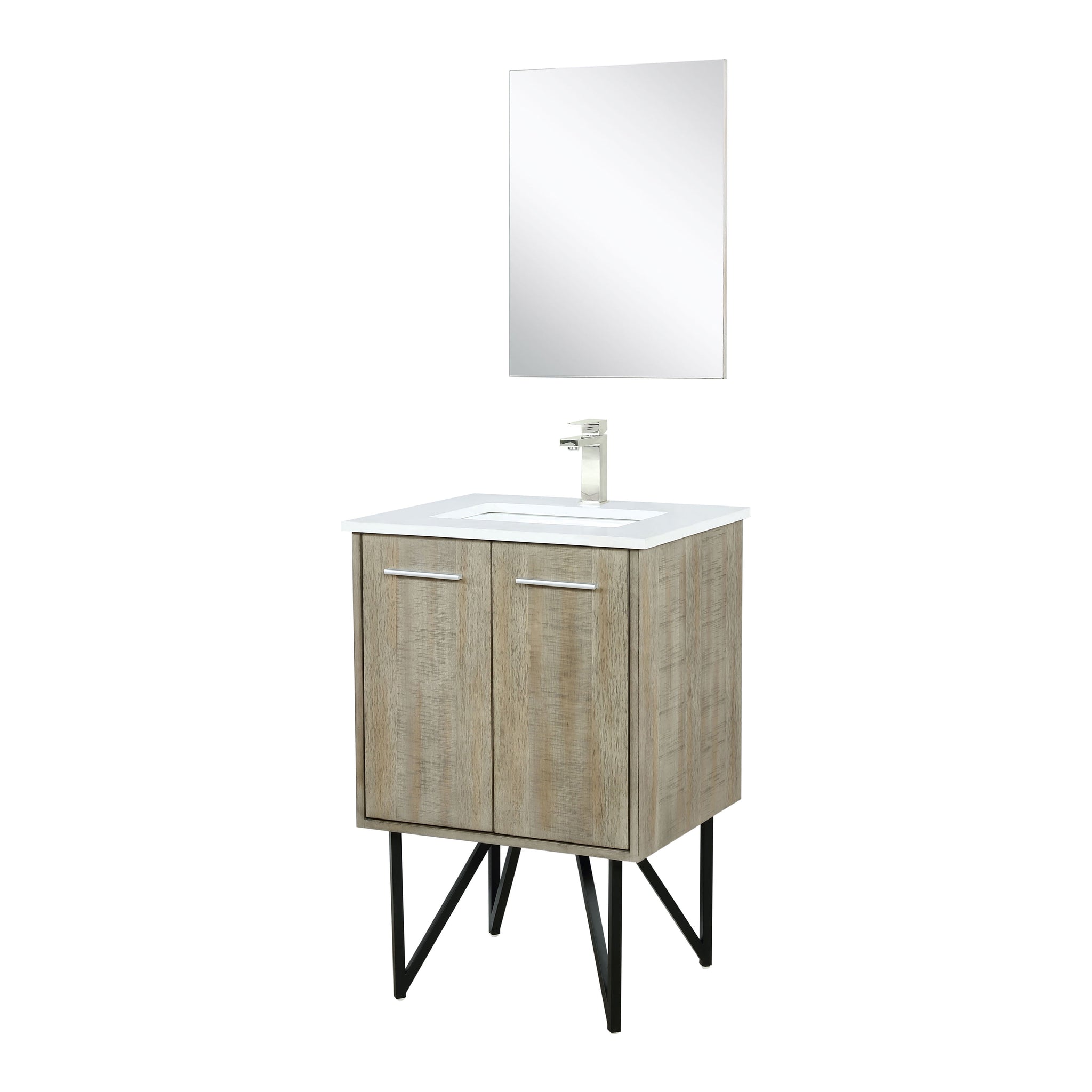 Lancy 24" Rustic Acacia Bathroom Vanity, White Quartz Top, White Square Sink, Labaro Brushed Nickel Faucet Set, and 18" Frameless Mirror