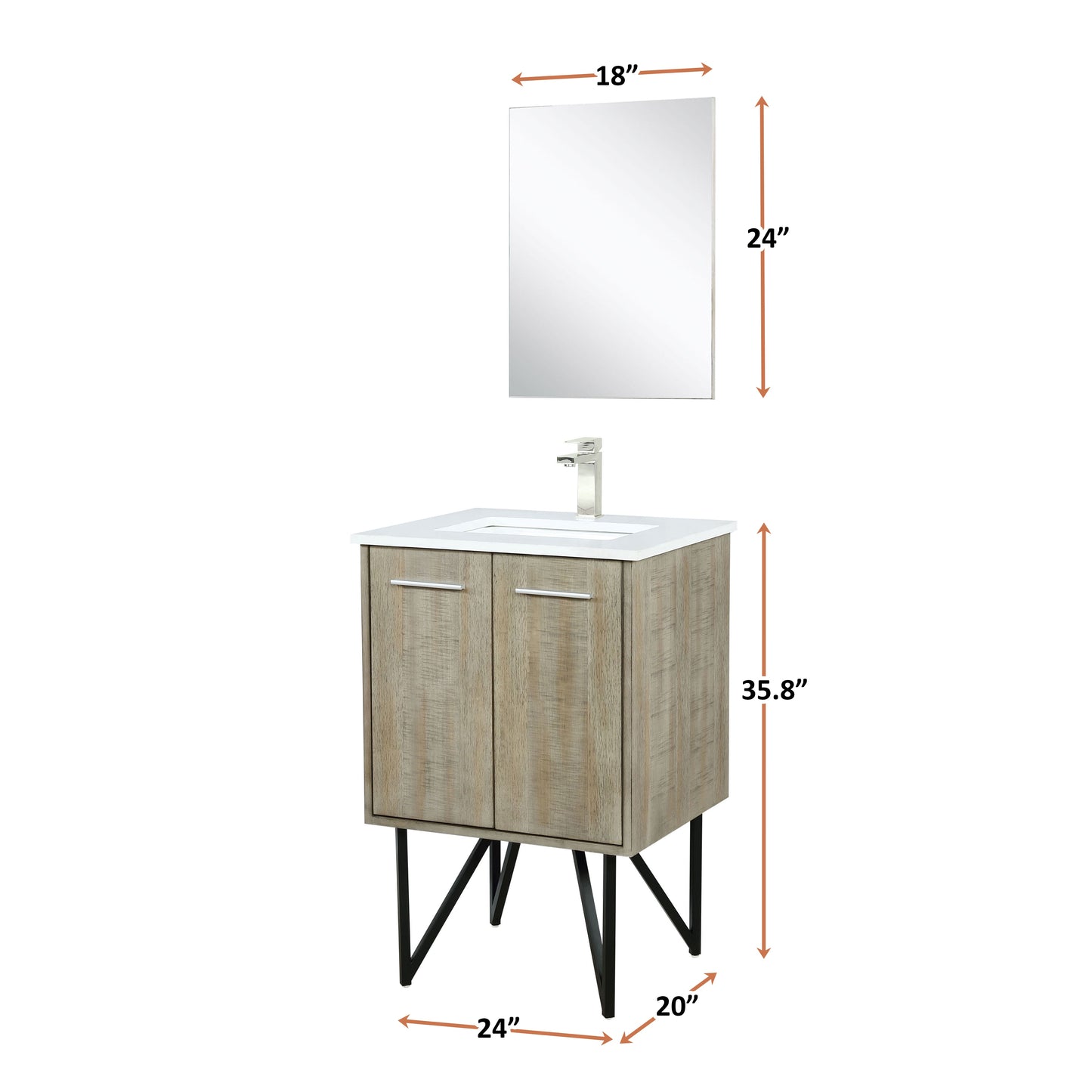 Lancy 24" Rustic Acacia Bathroom Vanity, White Quartz Top, White Square Sink, and 18" Frameless Mirror