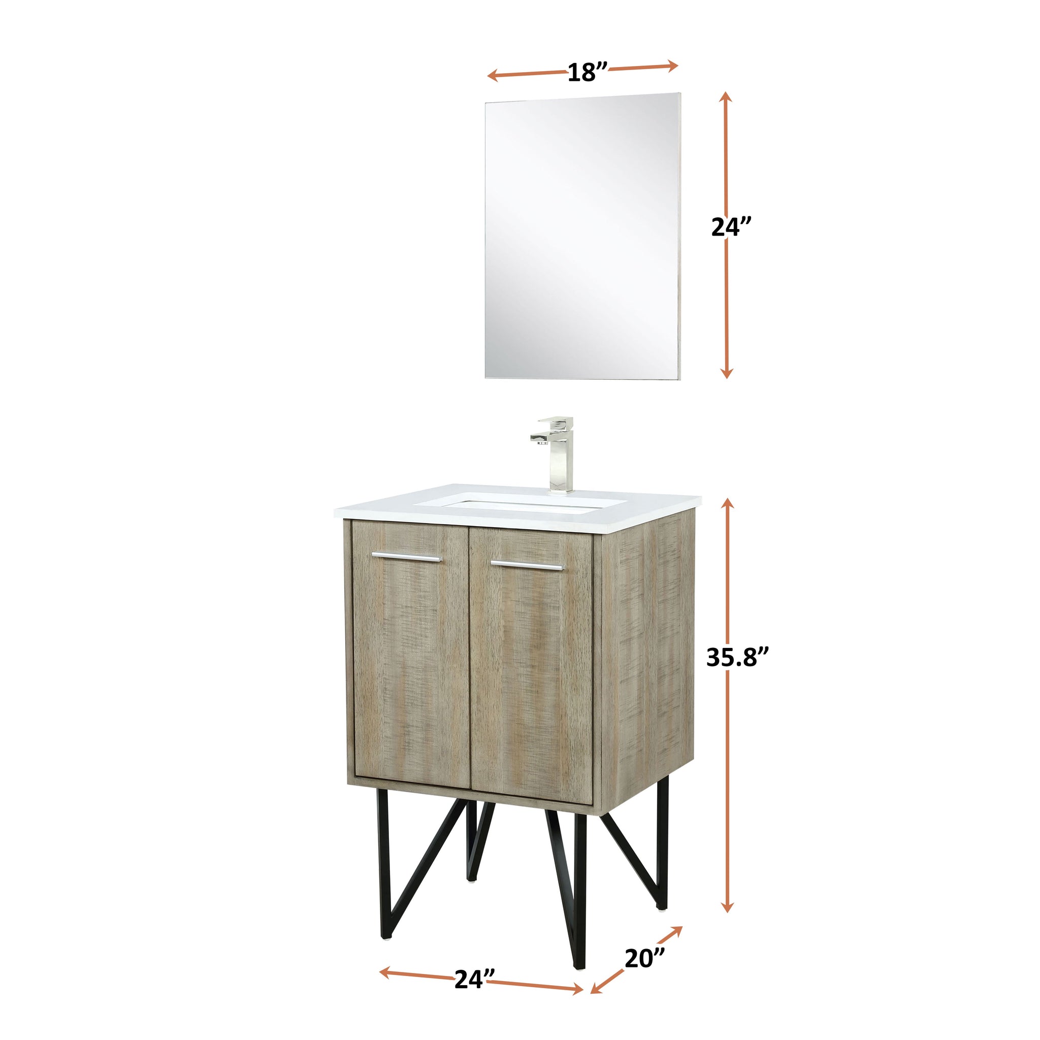Lancy 24" Rustic Acacia Bathroom Vanity, White Quartz Top, White Square Sink, Labaro Brushed Nickel Faucet Set, and 18" Frameless Mirror