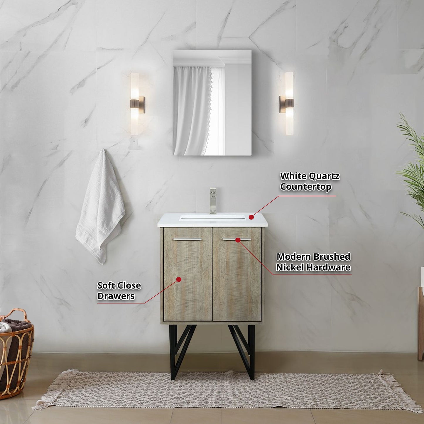 Lancy 24 in. Rustic Acacia  Freestanding Bathroom Vanity with White Quartz Top, and White Square Sink