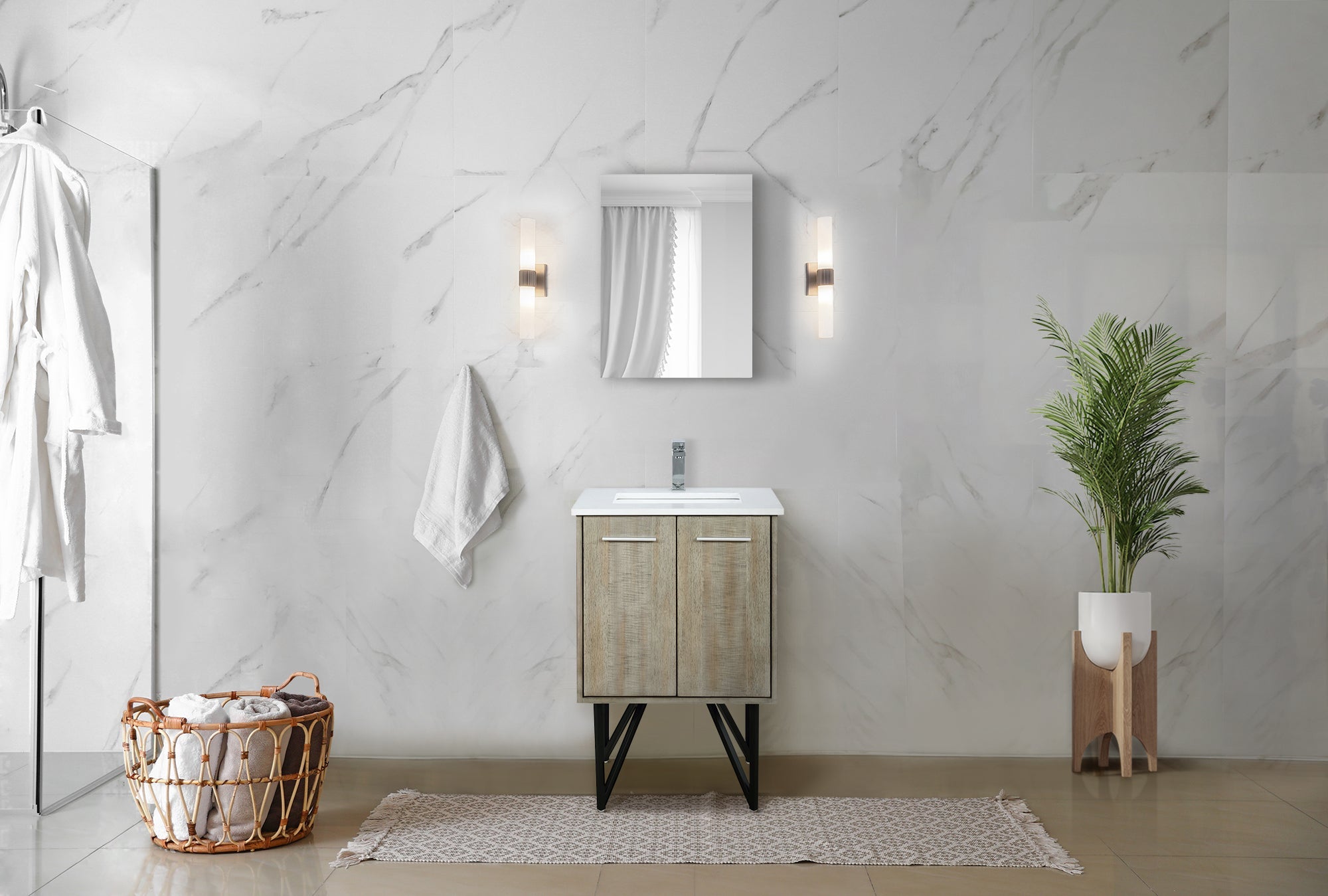 Lancy 24 in. Rustic Acacia  Freestanding Bathroom Vanity with White Quartz Top, White Square Sink, and Monte Chrome Faucet Set