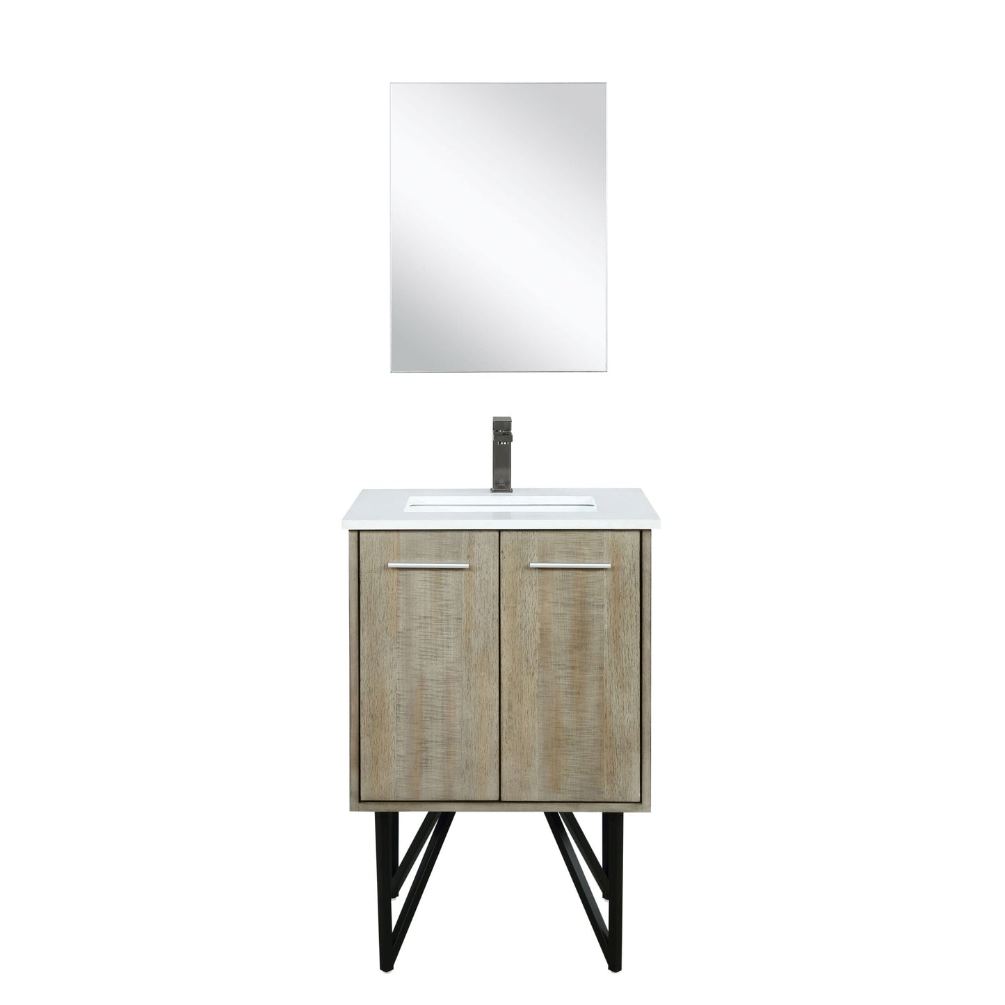 Lancy 24" Rustic Acacia Bathroom Vanity, White Quartz Top, White Square Sink, Balzani Gun Metal Faucet Set, and 18" Frameless Mirror