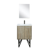 Lancy 24" Rustic Acacia Bathroom Vanity, White Quartz Top, White Square Sink, Balzani Gun Metal Faucet Set, and 18" Frameless Mirror